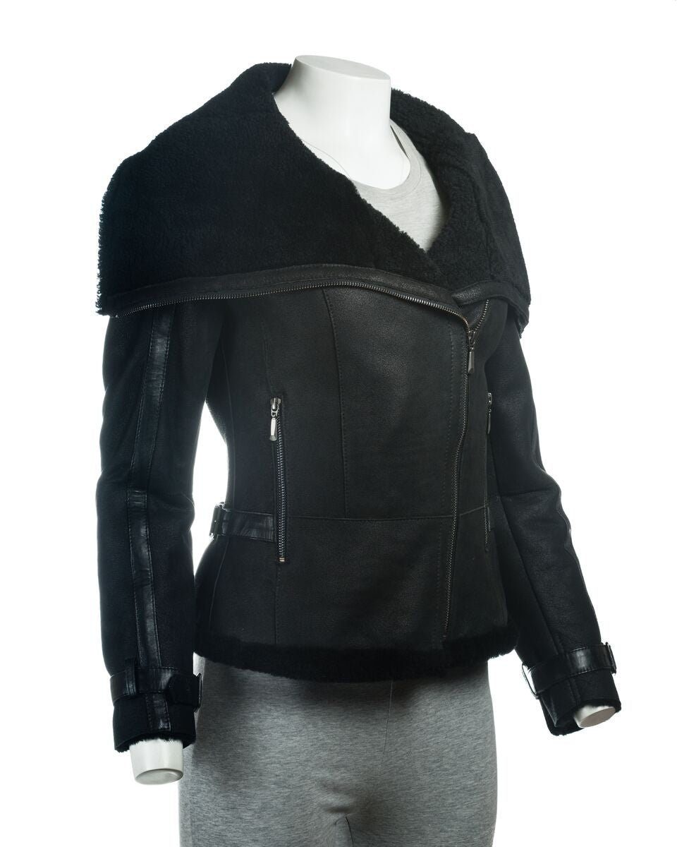 Ladies Black Sheepskin Jacket With Oversized Collar: Rita
