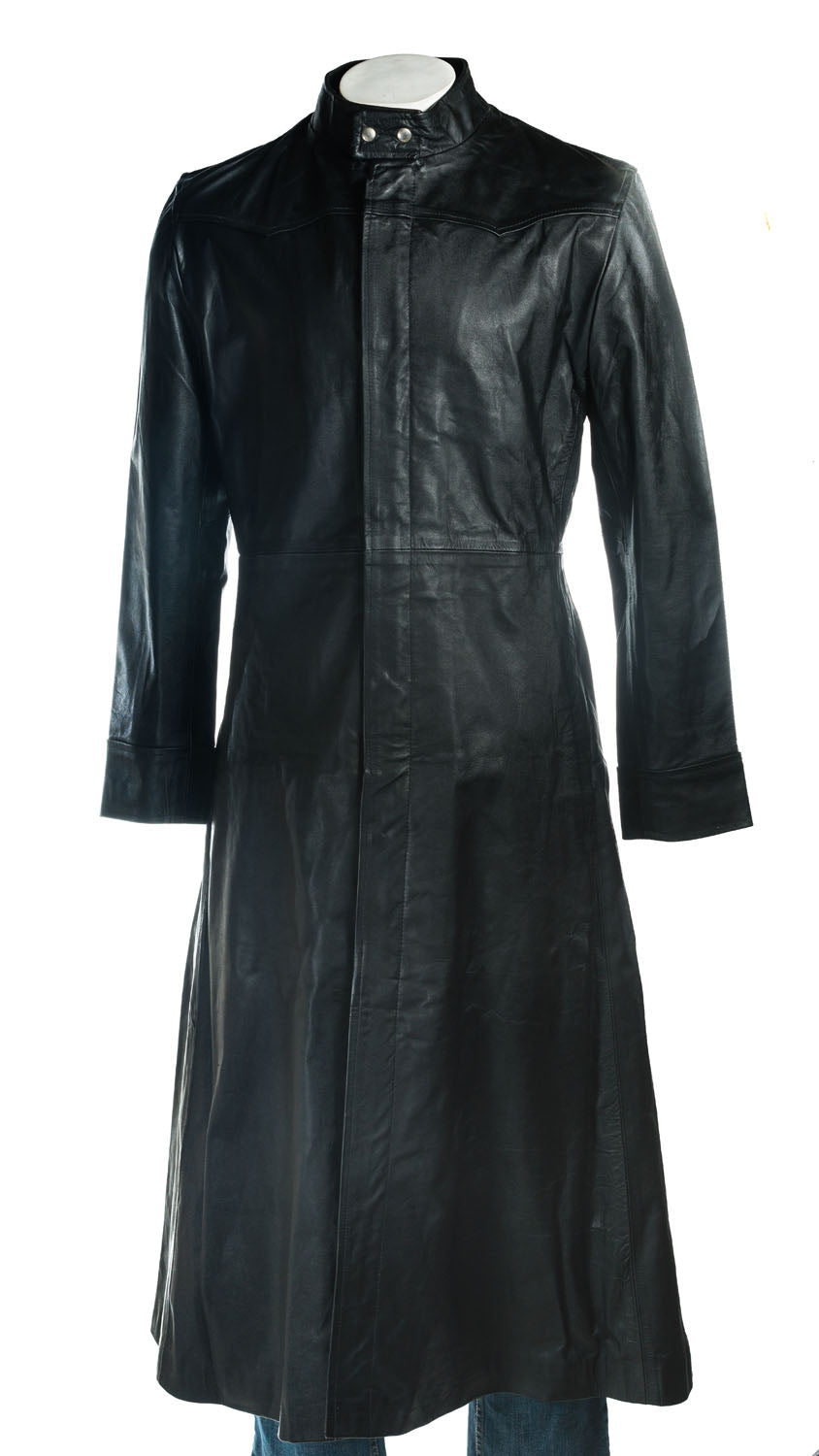 Men's Black Matrix Style Full Length Flared Leather Coat: Alexander