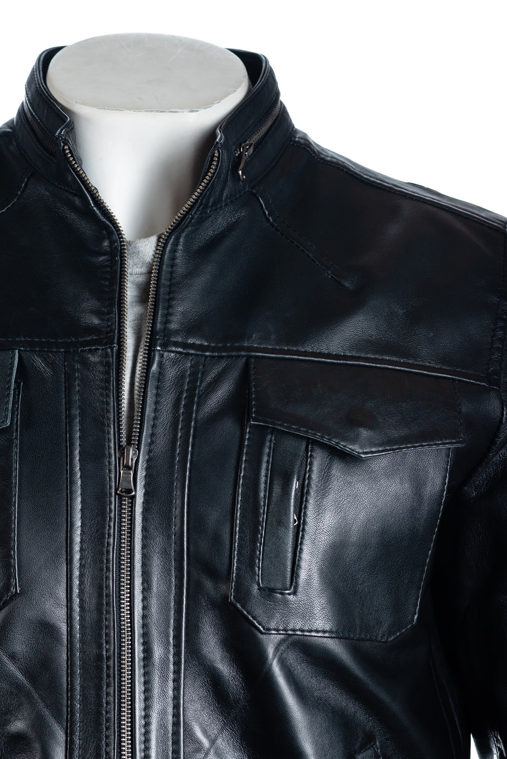 Men's Black Classic Pocketed Leather Jacket: Renato
