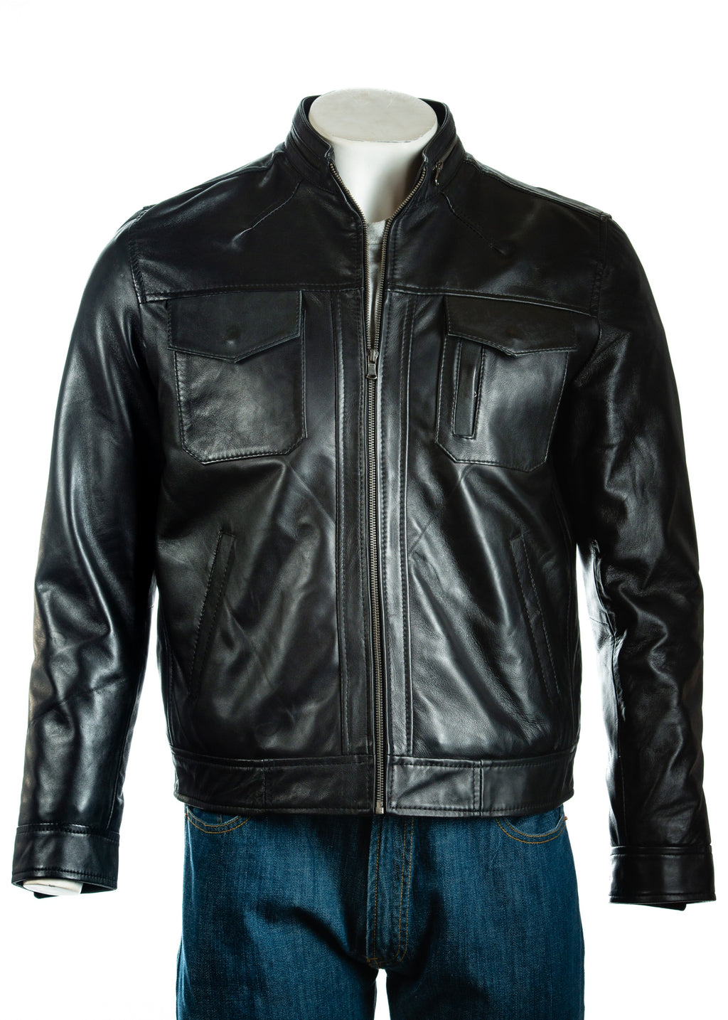 Men's Plus Size Classic Pocketed Leather Jacket: Renato