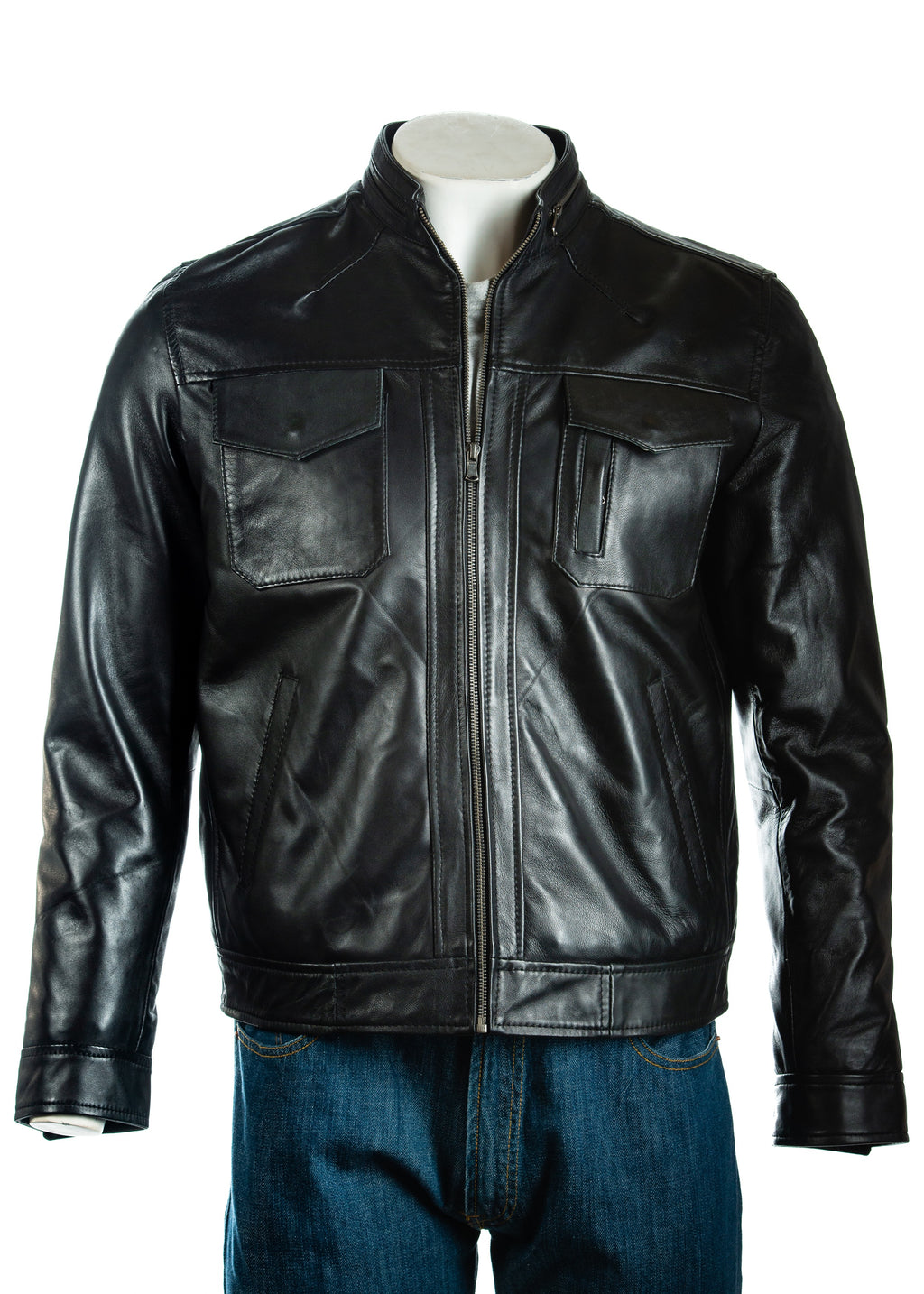 Men's Black Classic Pocketed Leather Jacket: Renato