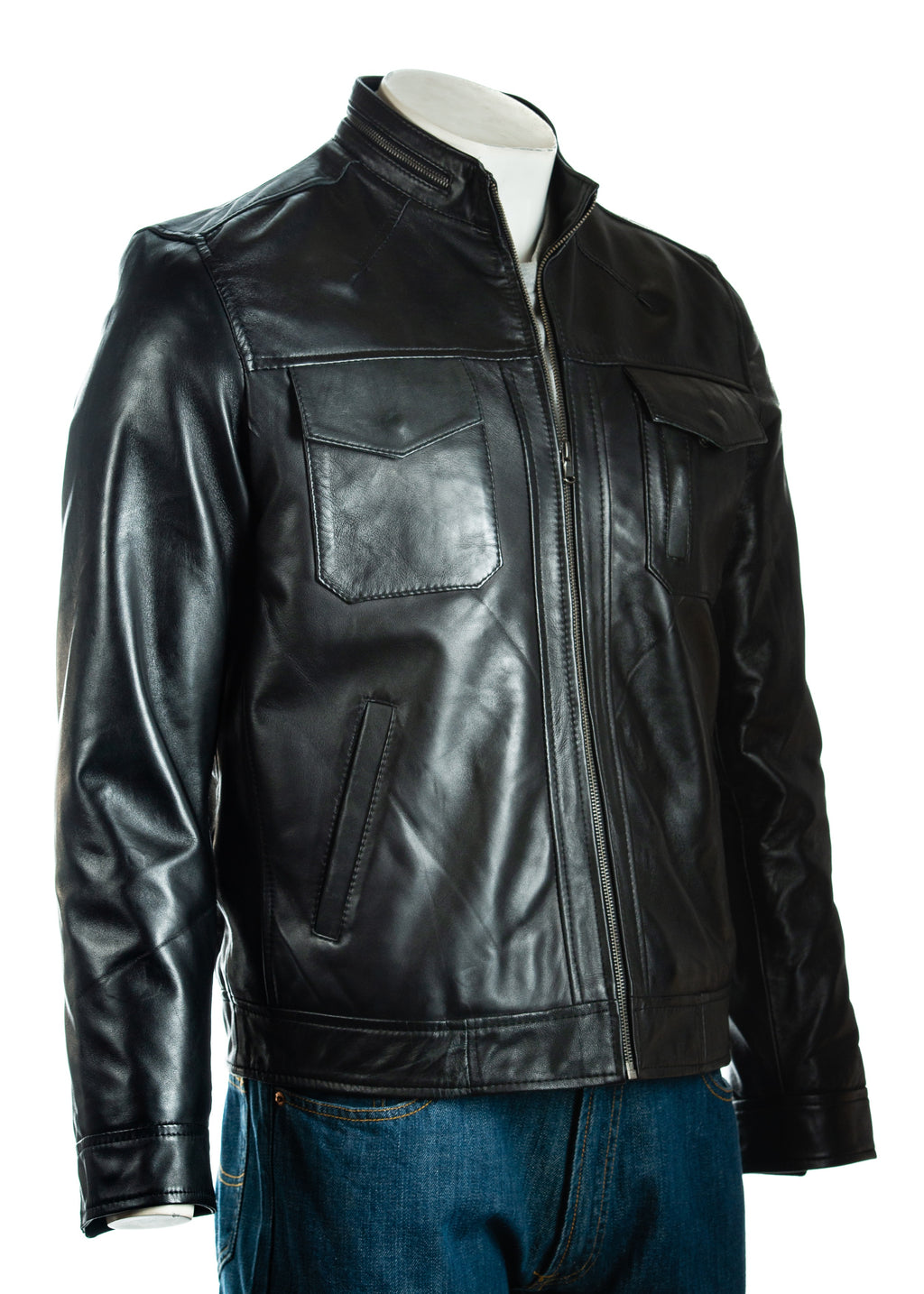 Men's Black Classic Pocketed Leather Jacket: Renato