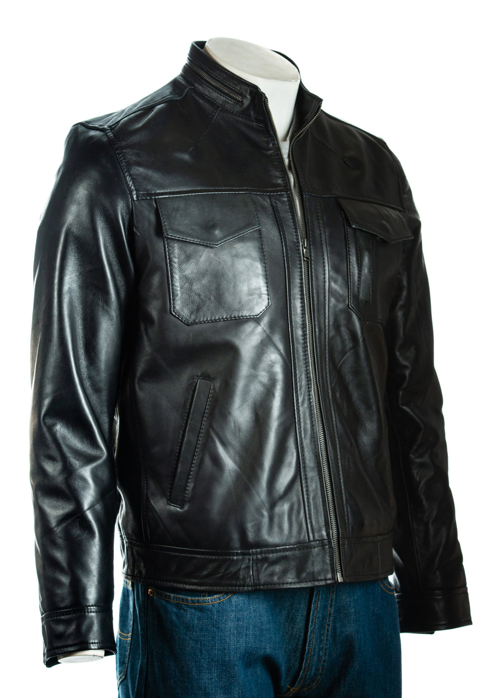 Men's Plus Size Classic Pocketed Leather Jacket: Renato