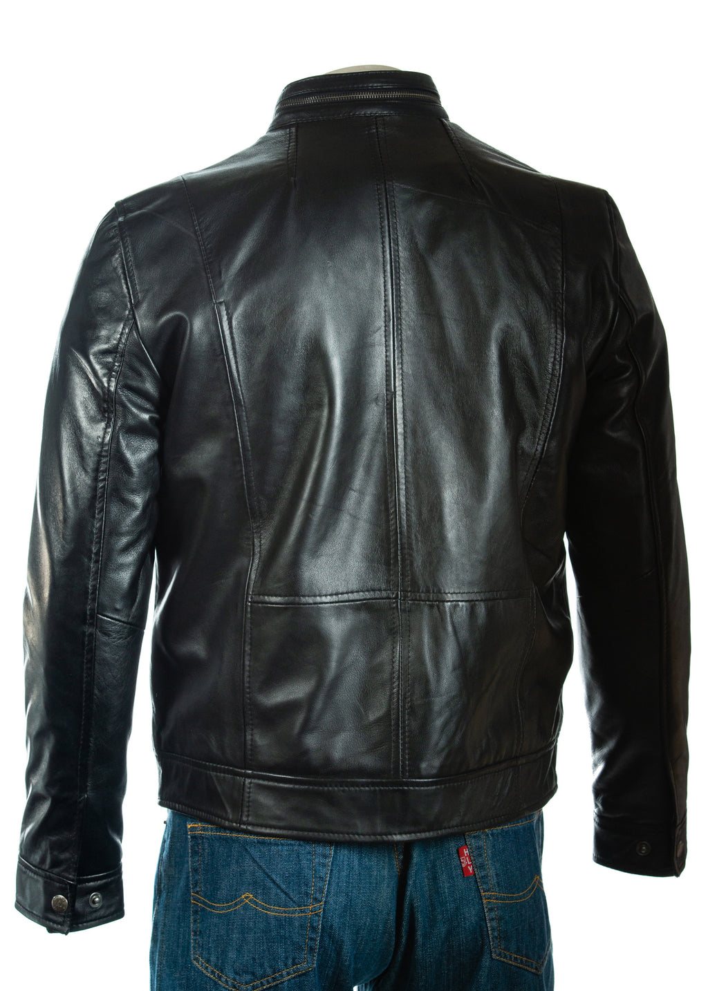 Men's Black Classic Pocketed Leather Jacket: Renato