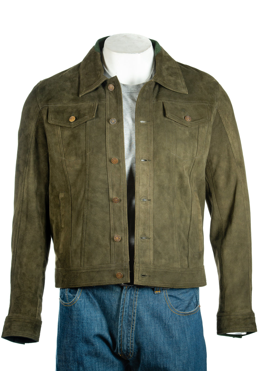 Men's Olive Denim Shirt Style Suede Jacket: Antonio