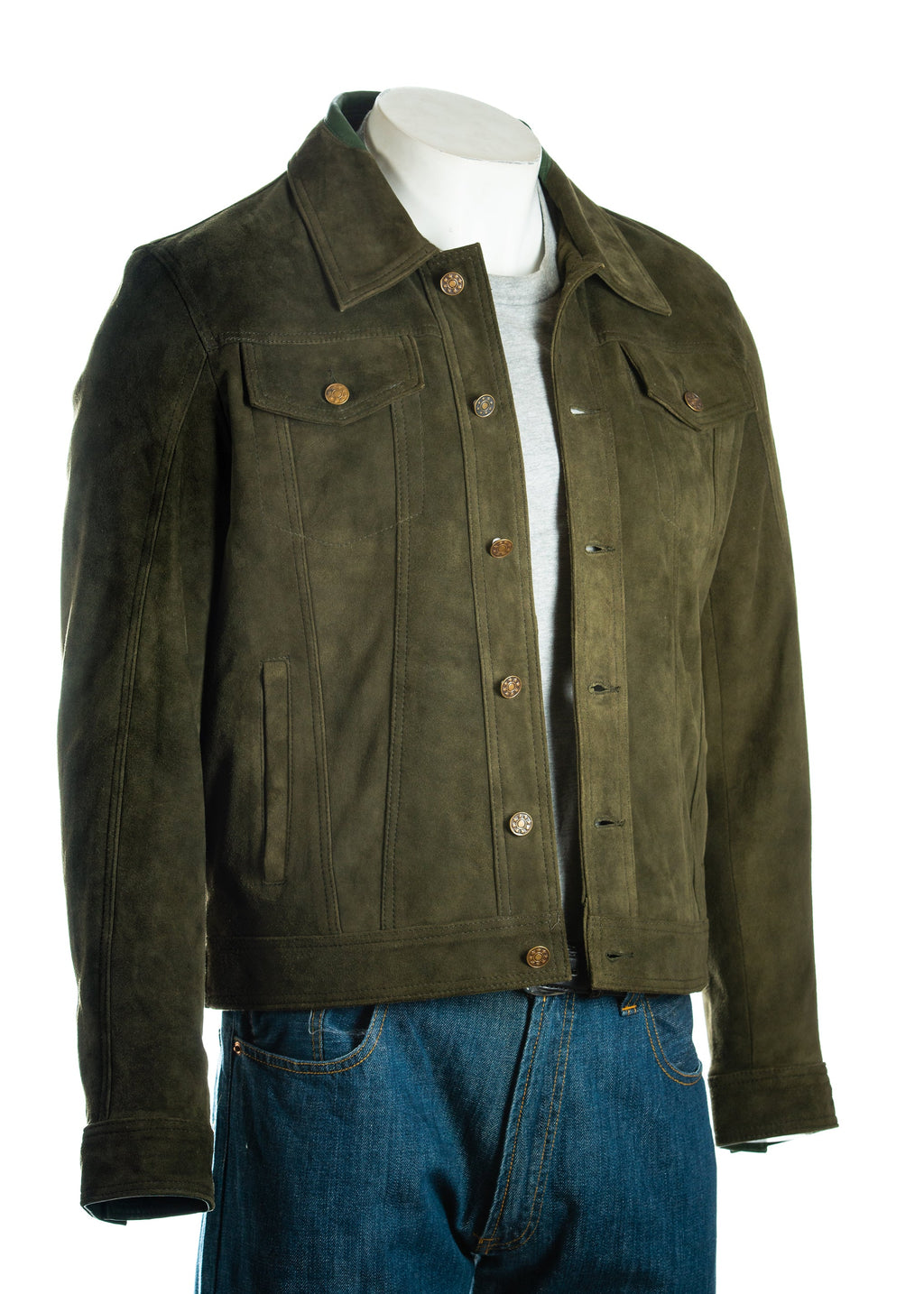 Men's Olive Denim Shirt Style Suede Jacket: Antonio