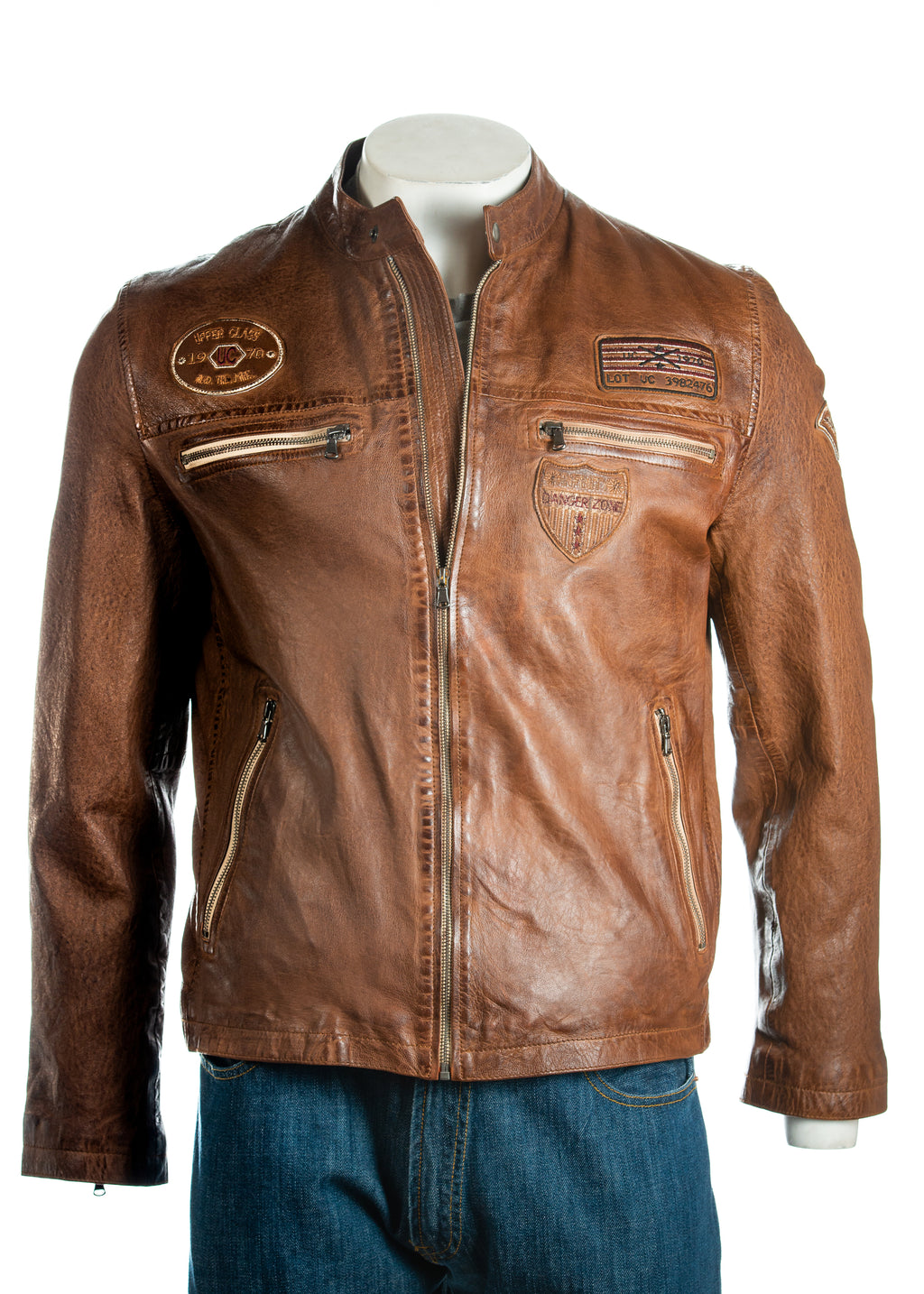Men's Brown Slim Fit Leather Racer Jacket With Badges - Justin
