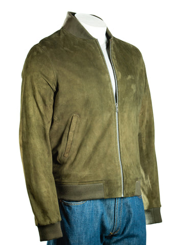 Men's Olive Green Rib-Knit Collar Suede Bomber: Benedict