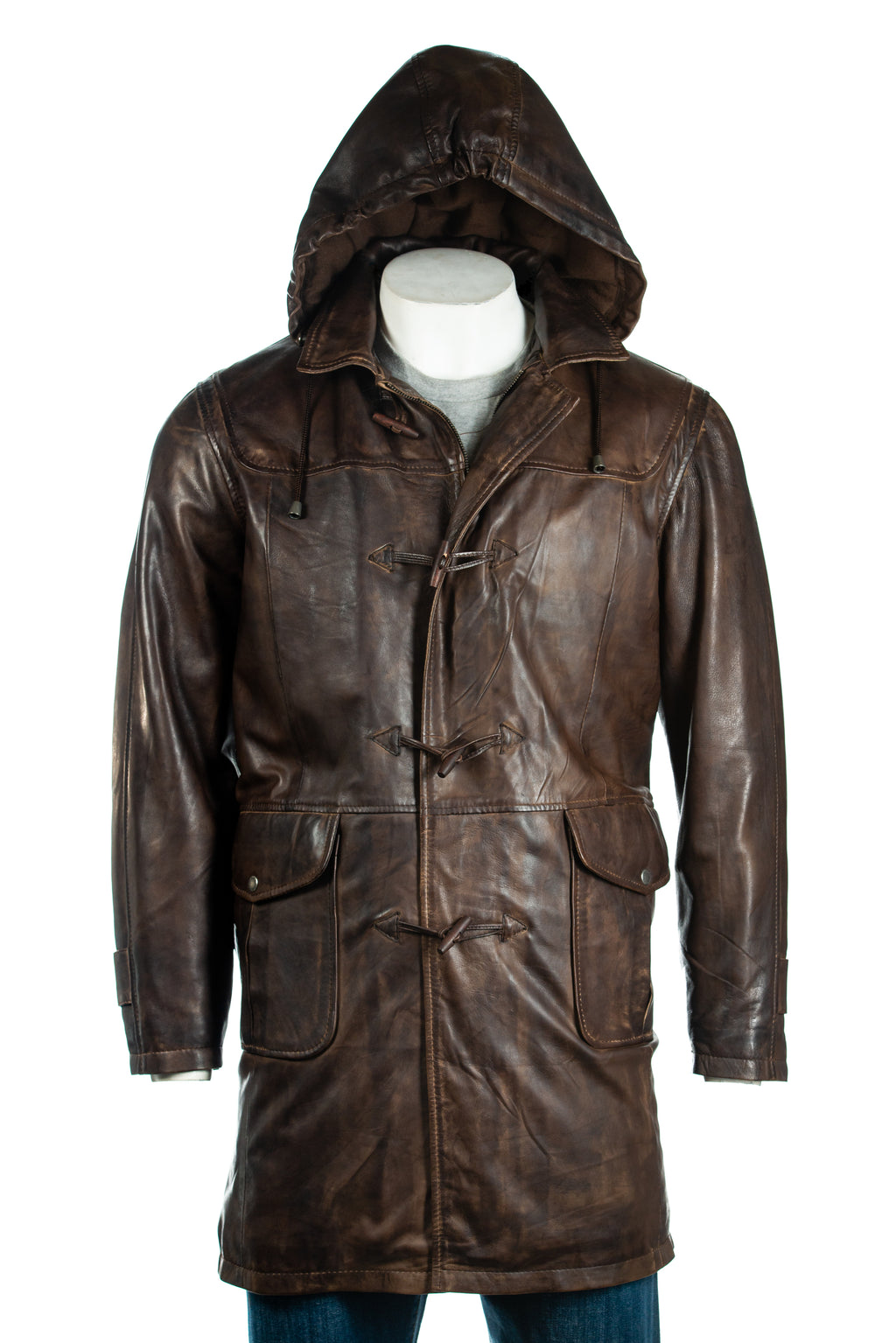 Men's Mottled 3/4 Traditional Duffle Style Leather Coat Jacket with Detachable Hood Fleece Lining: Alejandro