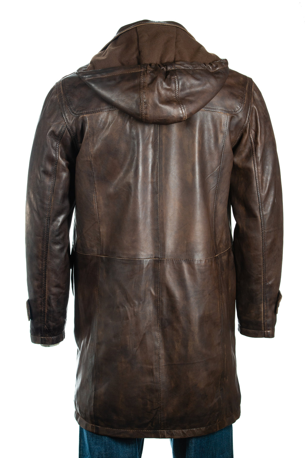 Men's Mottled 3/4 Traditional Duffle Style Leather Coat Jacket with Detachable Hood Fleece Lining: Alejandro