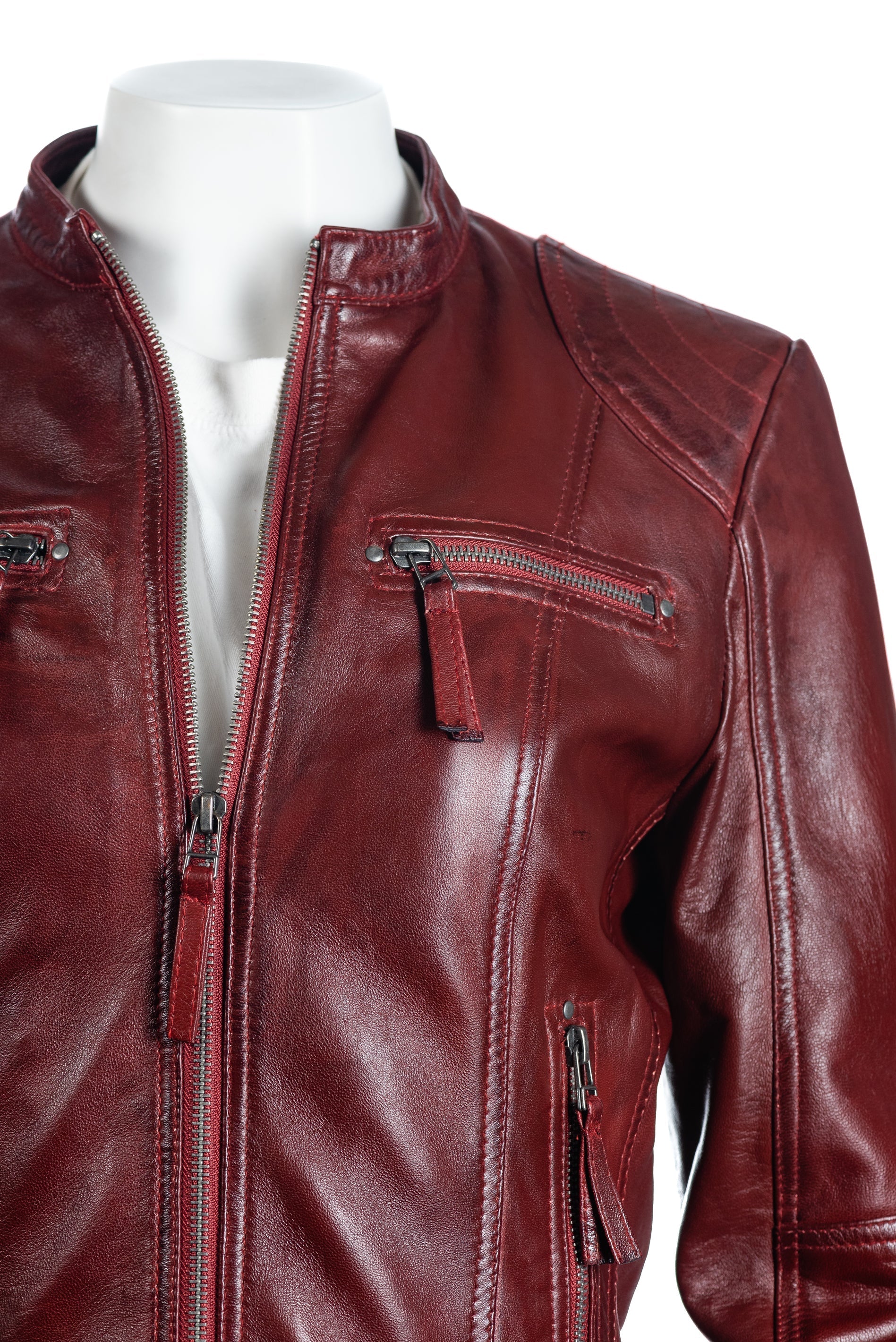 Ladies Taupe Biker Style Leather Jacket: Greta