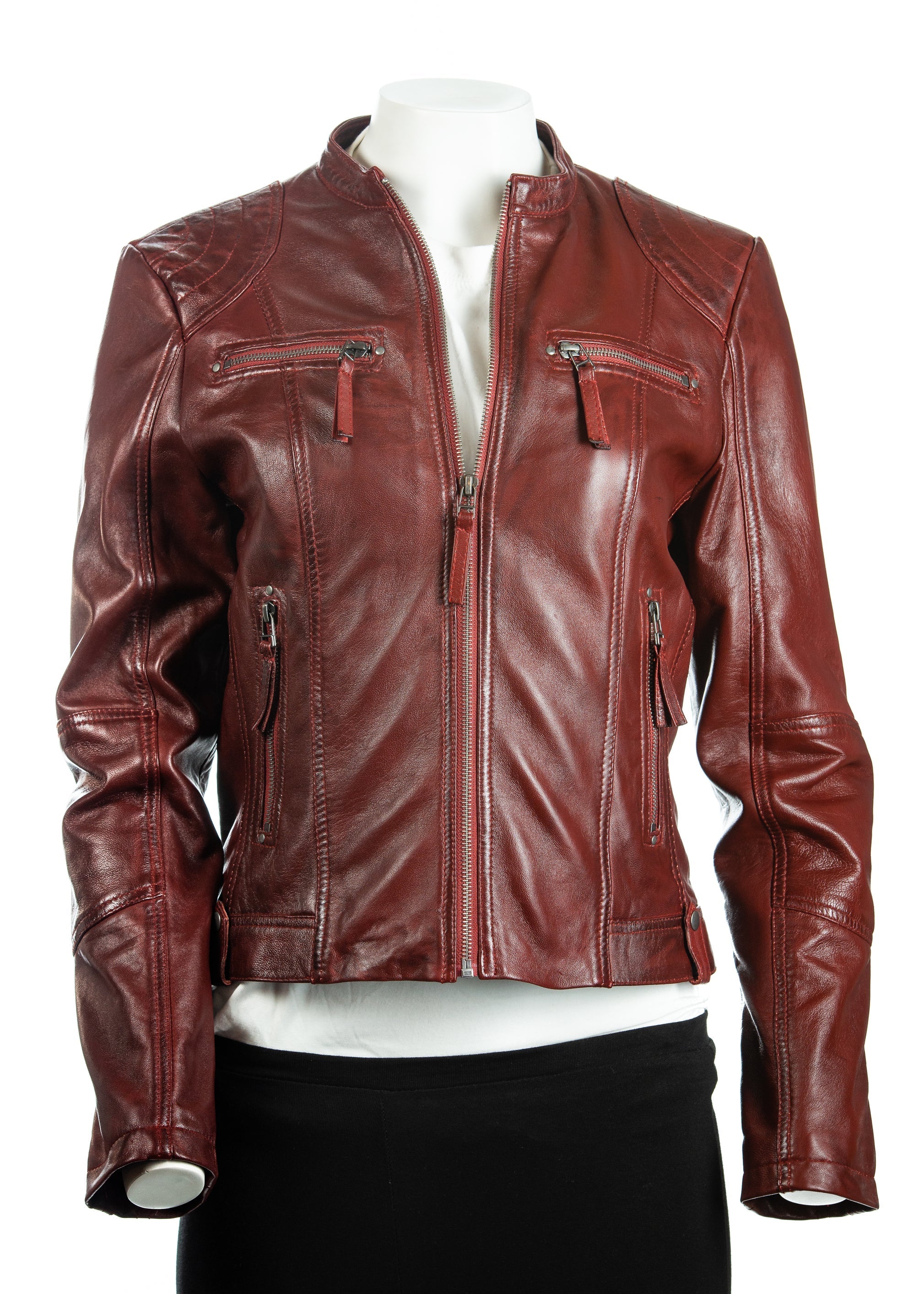 Ladies Taupe Biker Style Leather Jacket: Greta