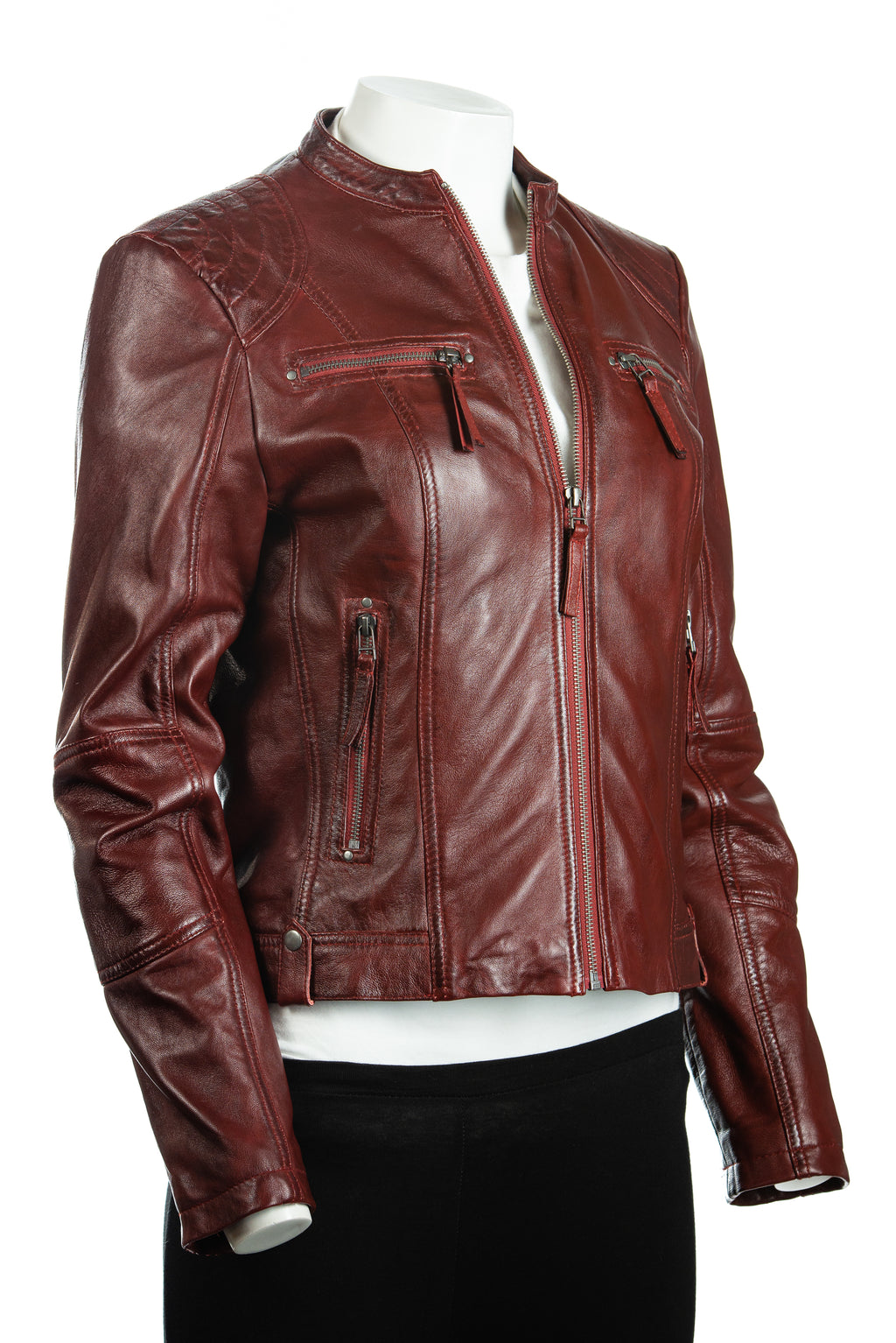 Ladies Burgundy Biker Style Leather Jacket: Greta