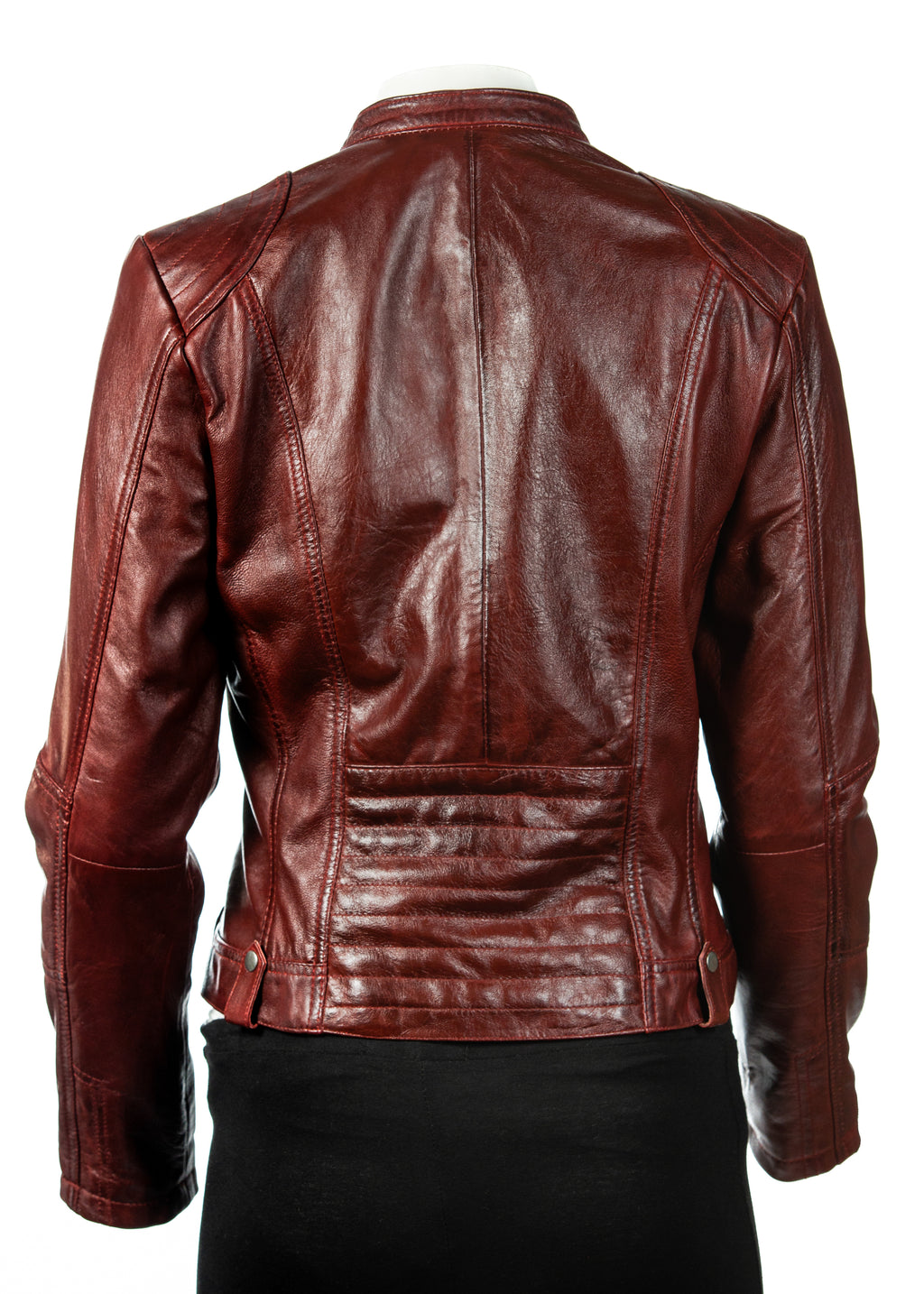 Ladies Burgundy Biker Style Leather Jacket: Greta