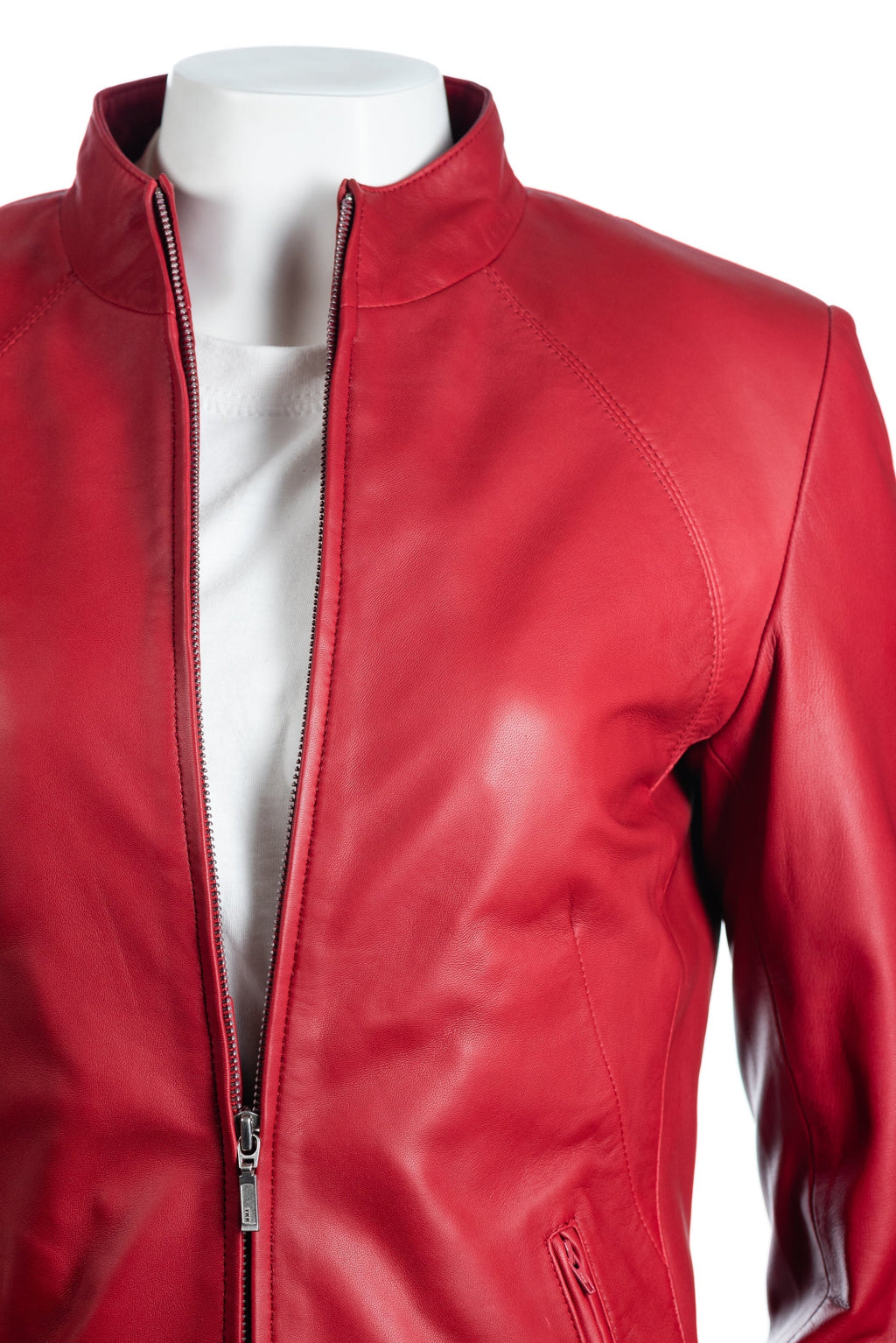 Ladies Red Plain Short Zipped Leather Jacket: Angelina