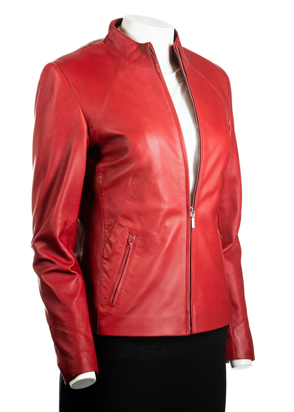 Ladies Red Plain Short Zipped Leather Jacket: Angelina