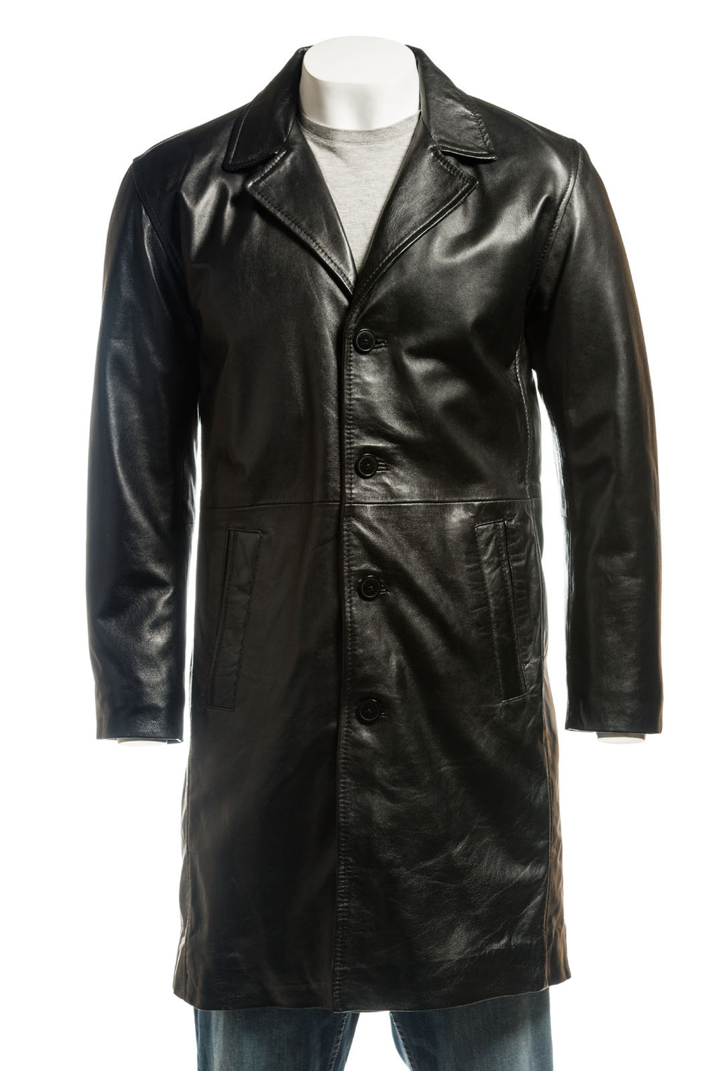 Men's 3/4 Trench Style Single Breasted Leather Coat: Lucio