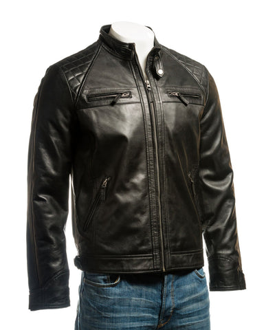 Men's Black Diamond Shoulder Biker Style Leather Jacket: Geronimo