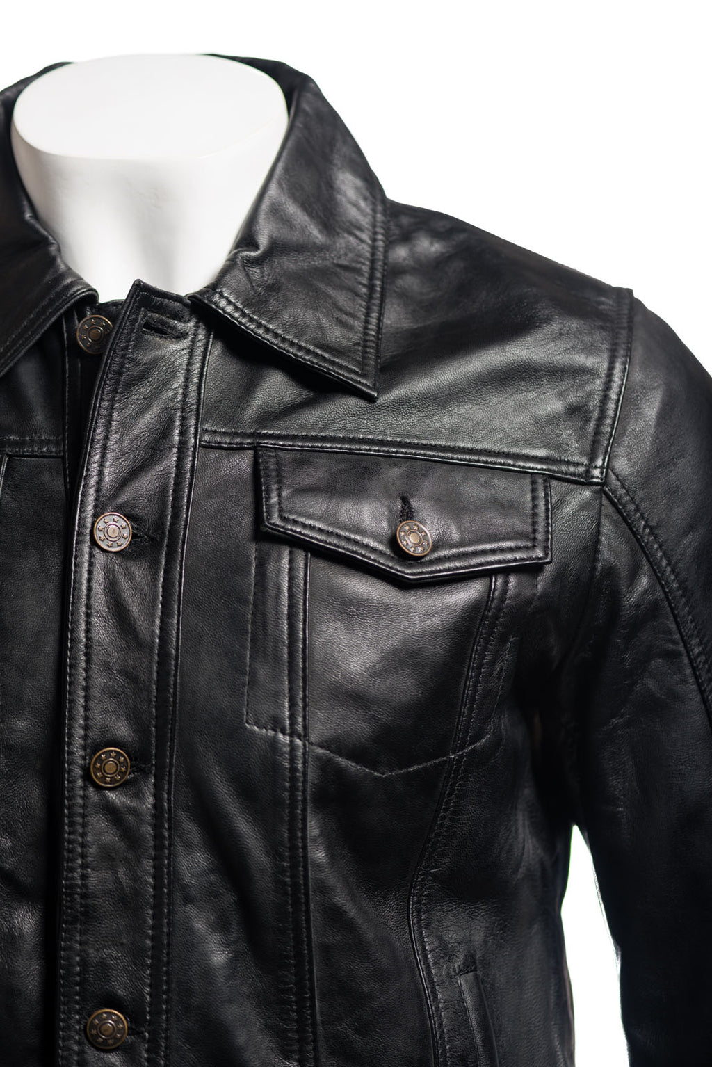 Men's Black Denim Shirt Style Leather Jacket: Antonio