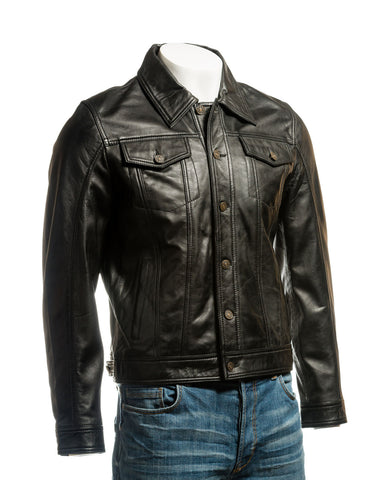 Men's Black Denim Shirt Style Leather Jacket: Antonio
