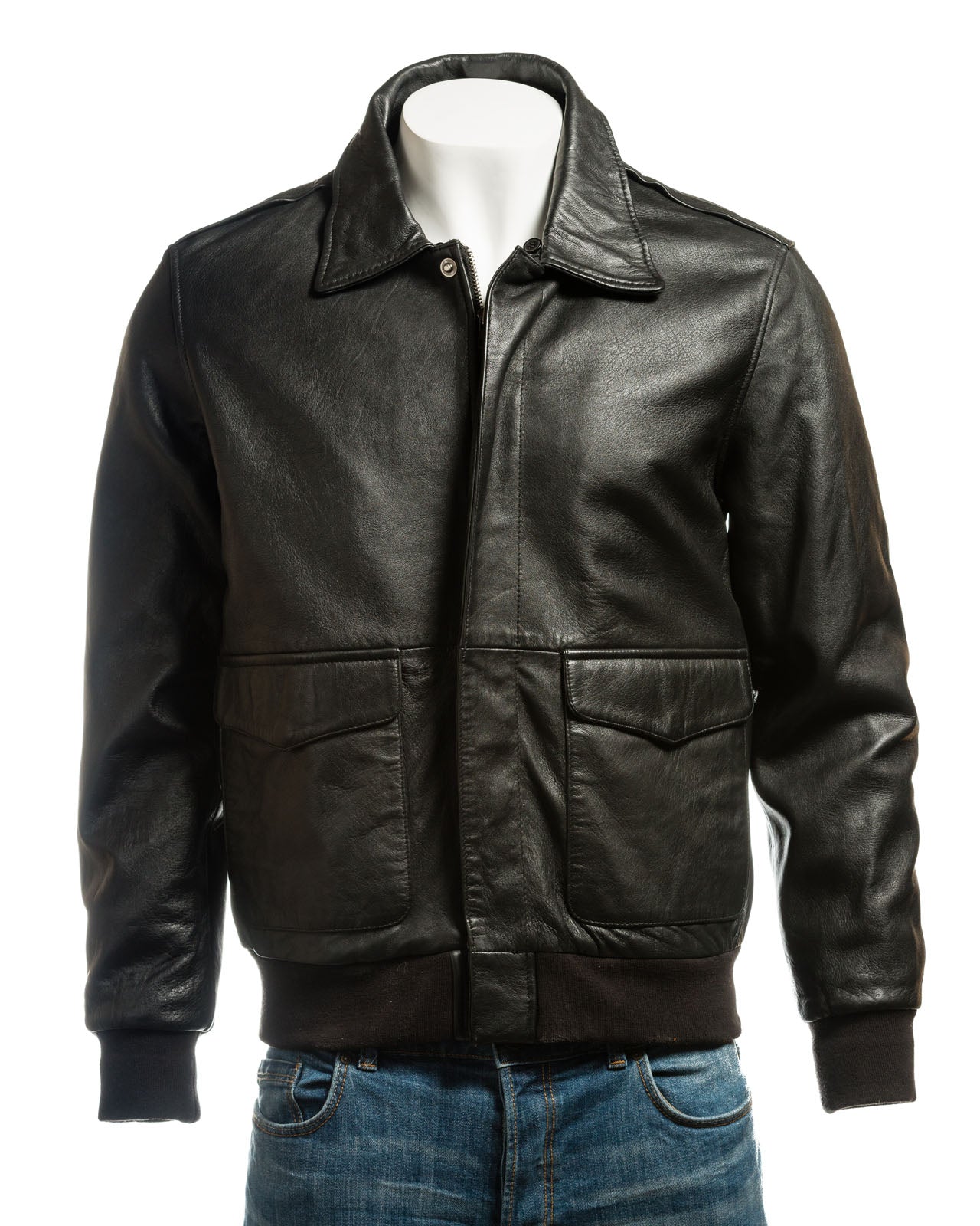 Men's Black Aviator Pilot Flight A2 Style Leather Jacket with Detachable Real Sheepskin Collar: Maurizio