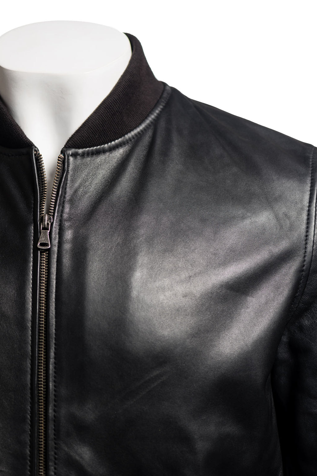 Men's Black Rib-Knit Collar Leather Bomber: Enzo
