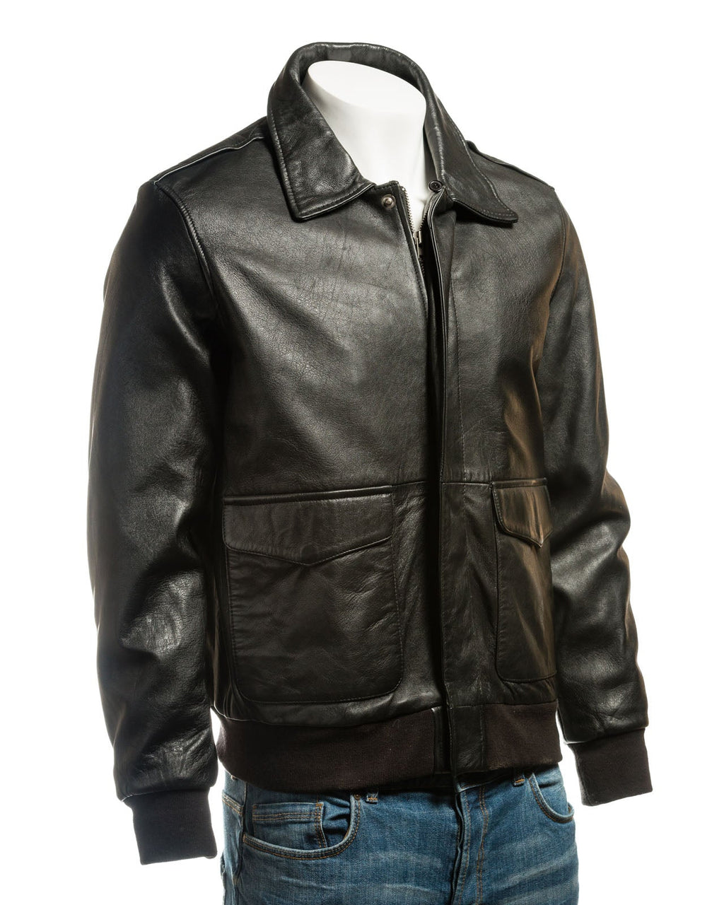 Men's Black Aviator Pilot Flight A2 Style Leather Jacket with Detachable Real Sheepskin Collar: Maurizio