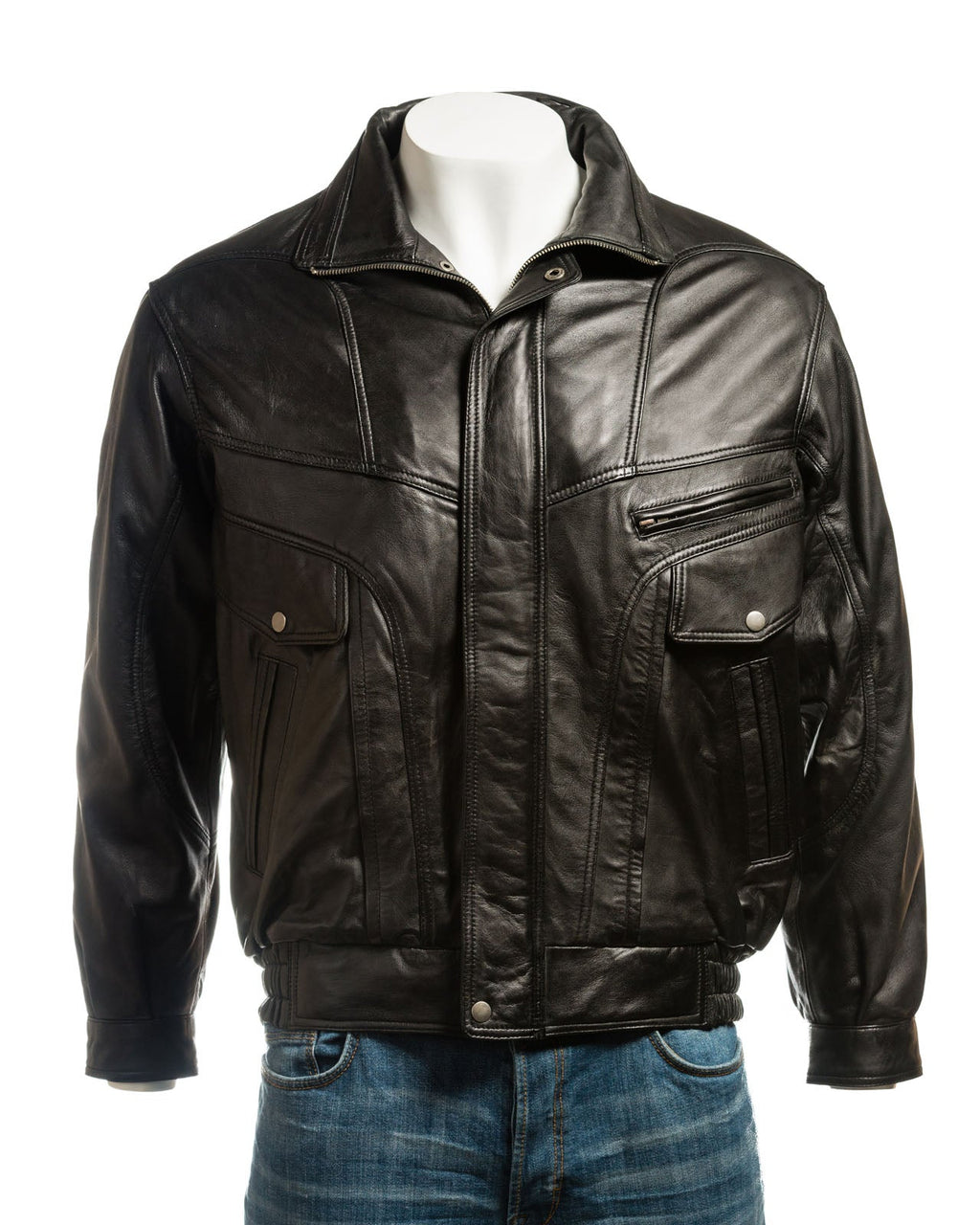Men's Black Pocket Detail Blouson Style Leather Jacket: Marco