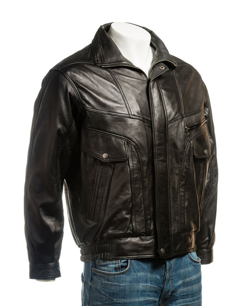 Men's Black Pocket Detail Blouson Style Leather Jacket: Marco
