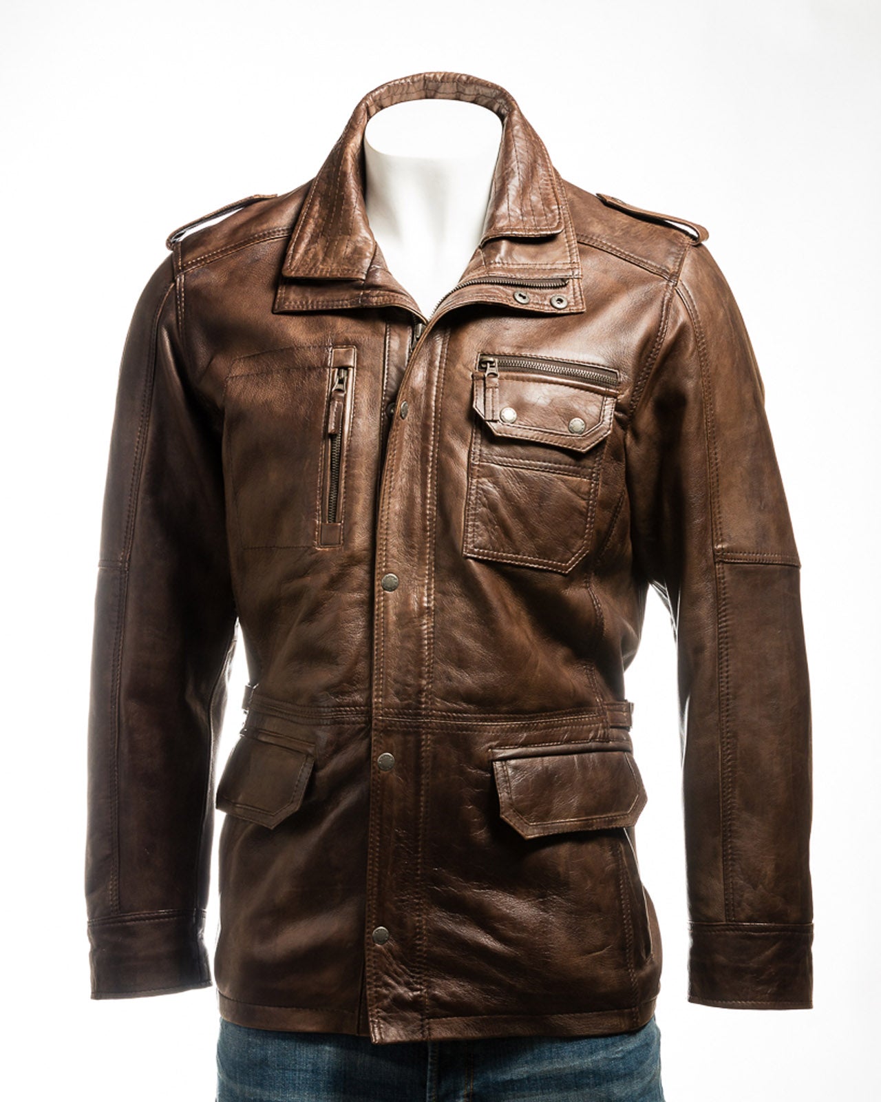 Men's Antique Cognac Double-Collared Leather Coat: Pasquale