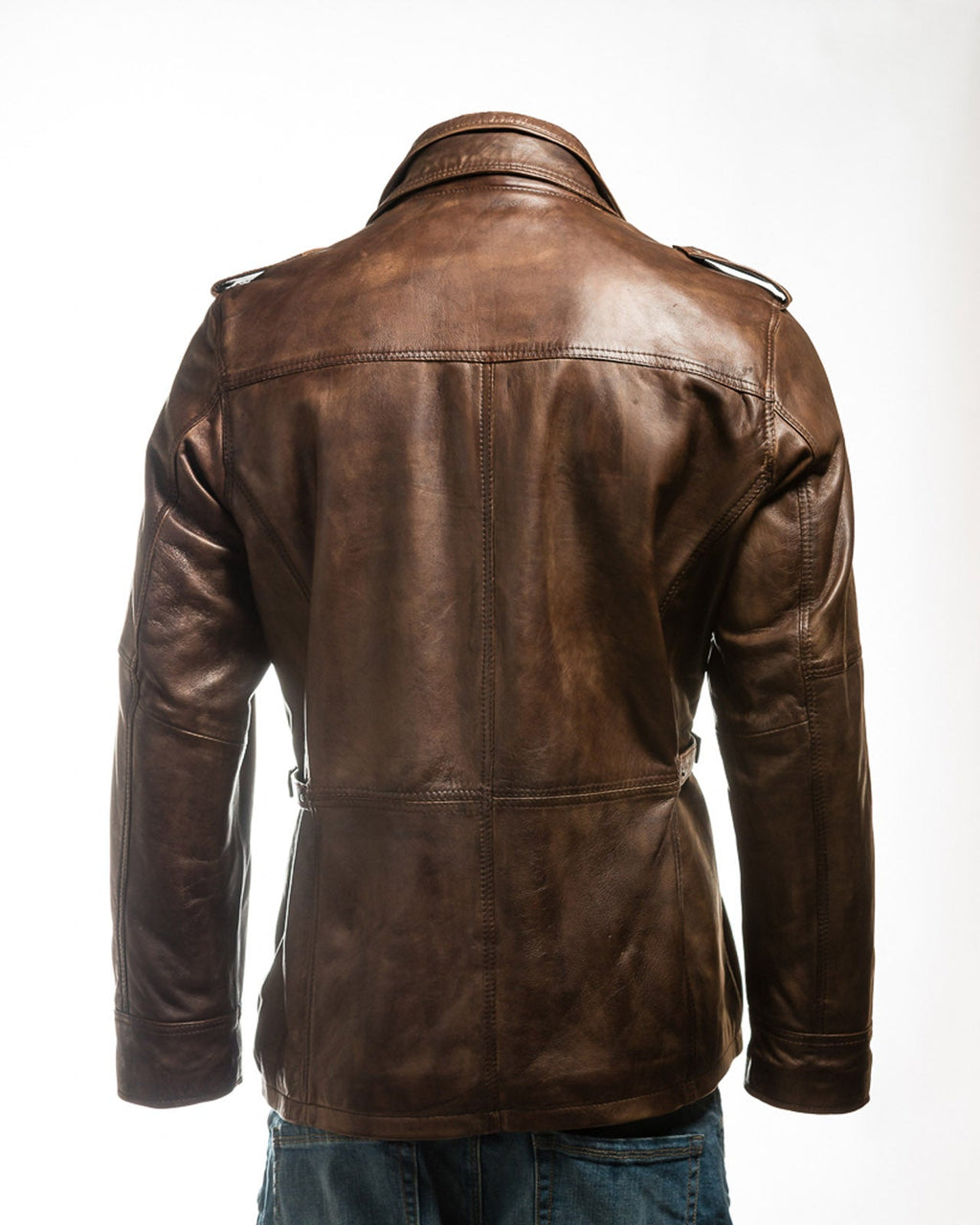 Men's Antique Brown Double-Collared Leather Coat: Pasquale