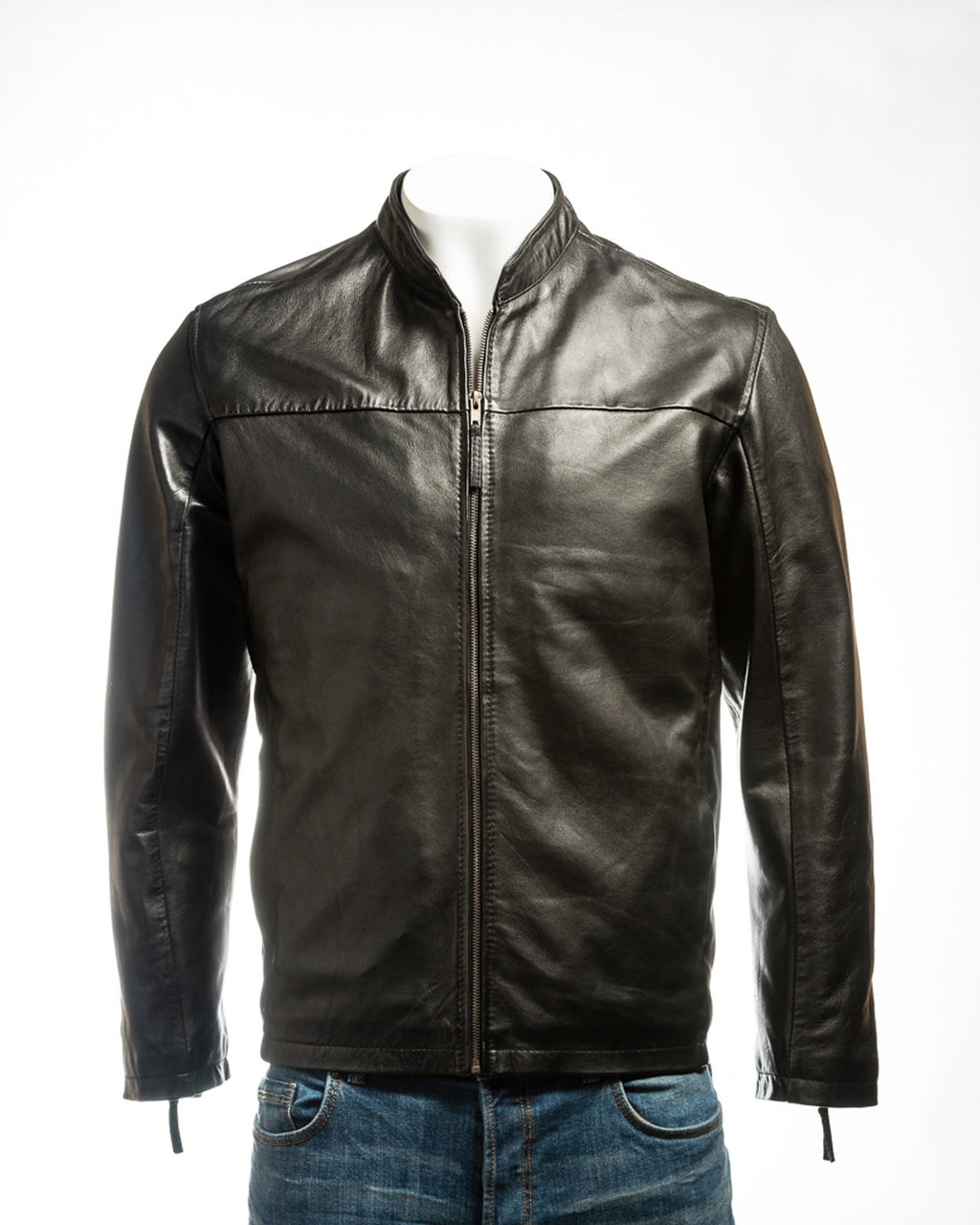 Men's Black Simple Collarless Zipped Leather Jacket: Mario