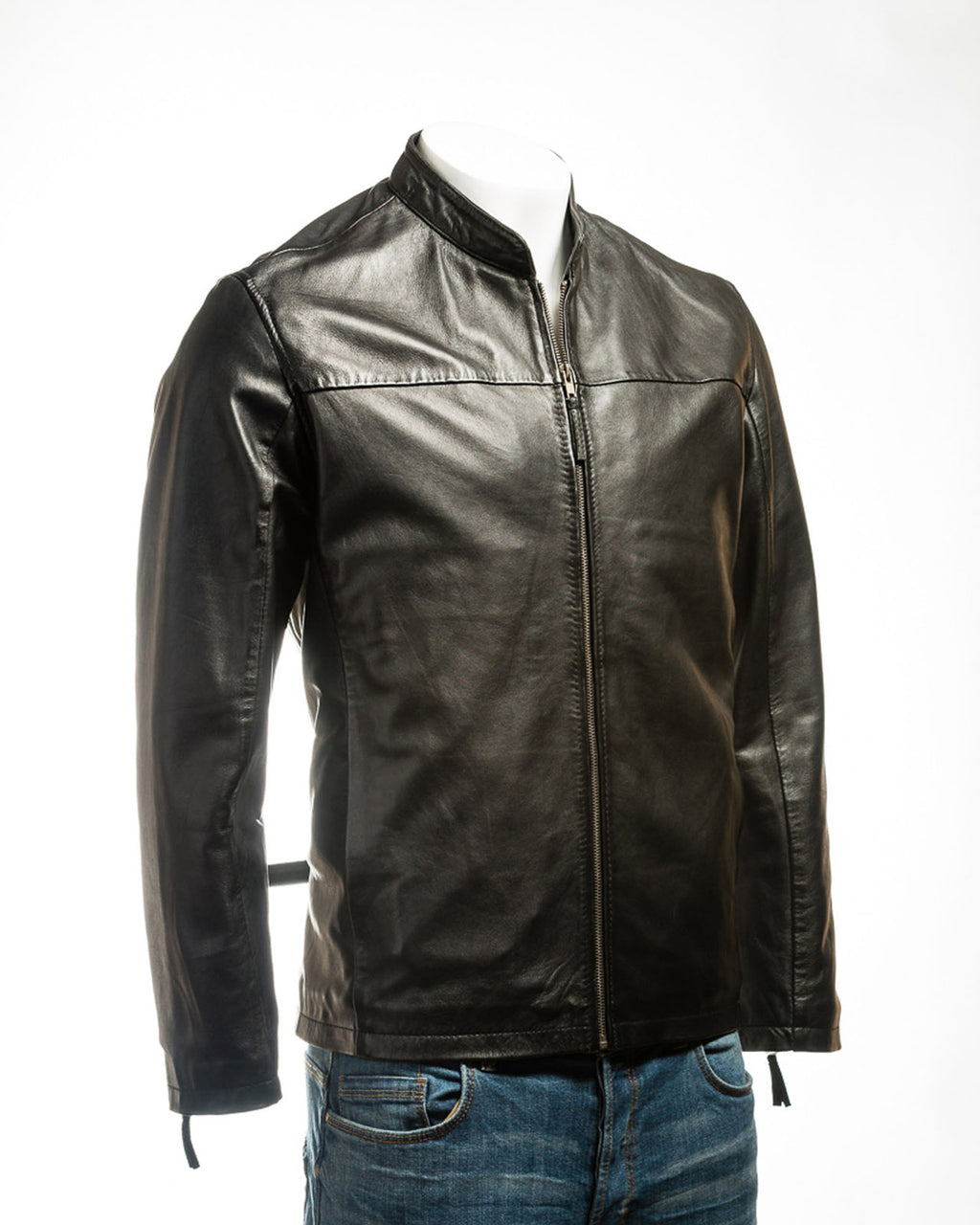 Men's Black Simple Collarless Zipped Leather Jacket: Mario