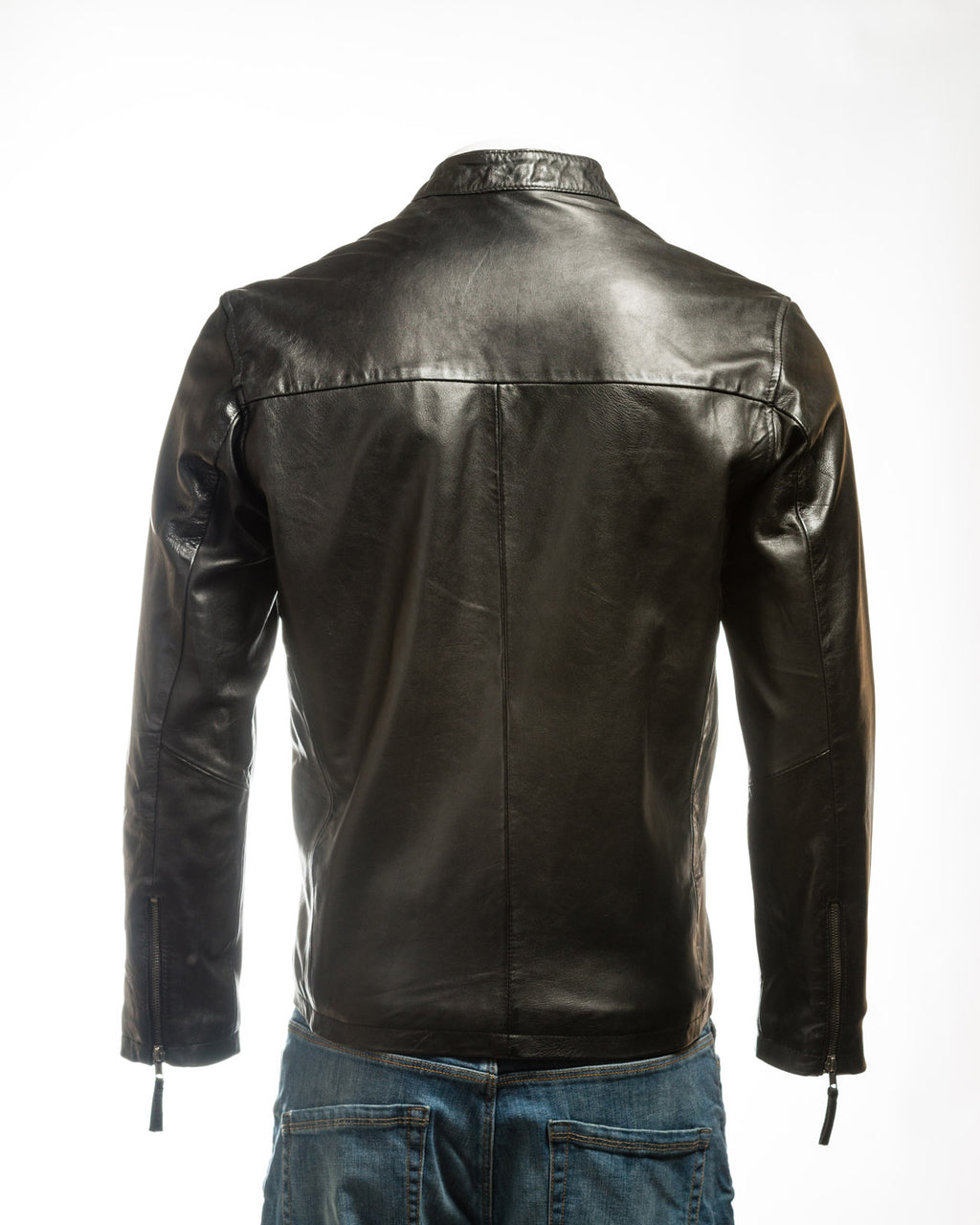 Men's Black Simple Collarless Zipped Leather Jacket: Mario