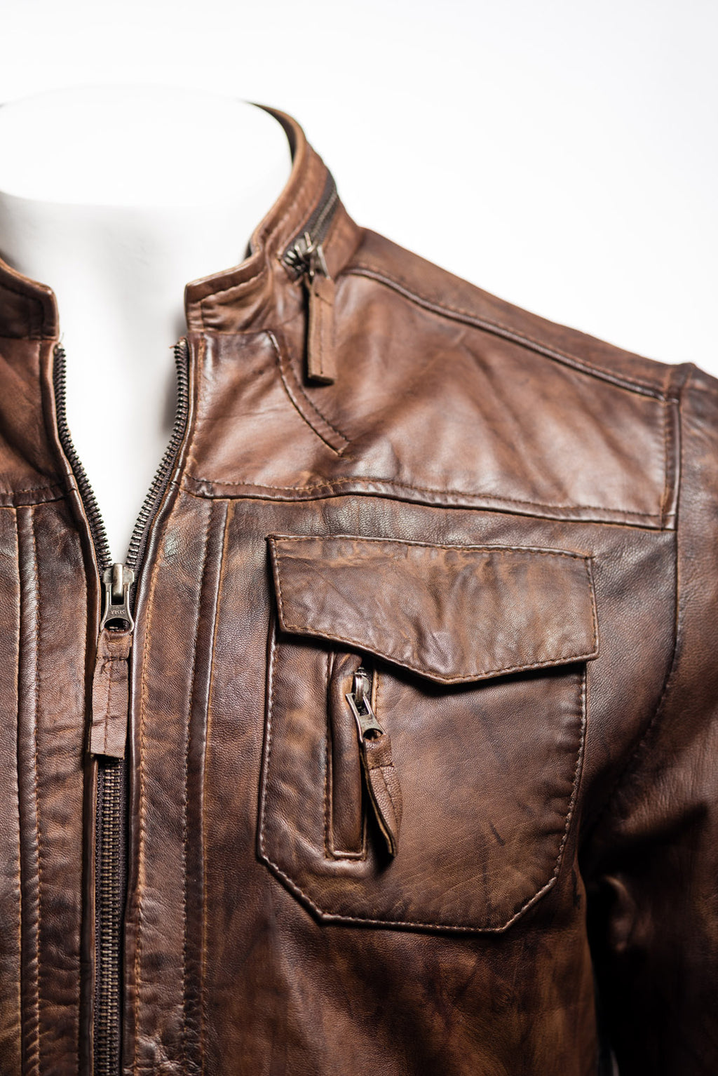 Men's Antique Brown Classic Pocketed Leather Jacket: Renato