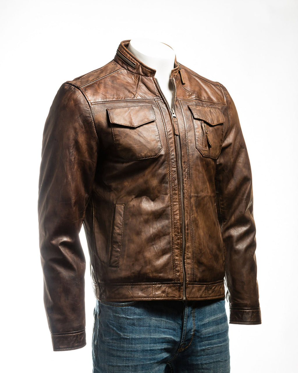 Men's Antique Brown Classic Pocketed Leather Jacket: Renato