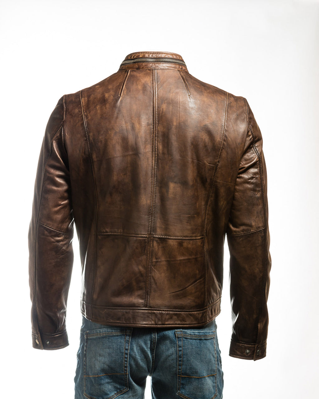 Men's Antique Brown Classic Pocketed Leather Jacket: Renato