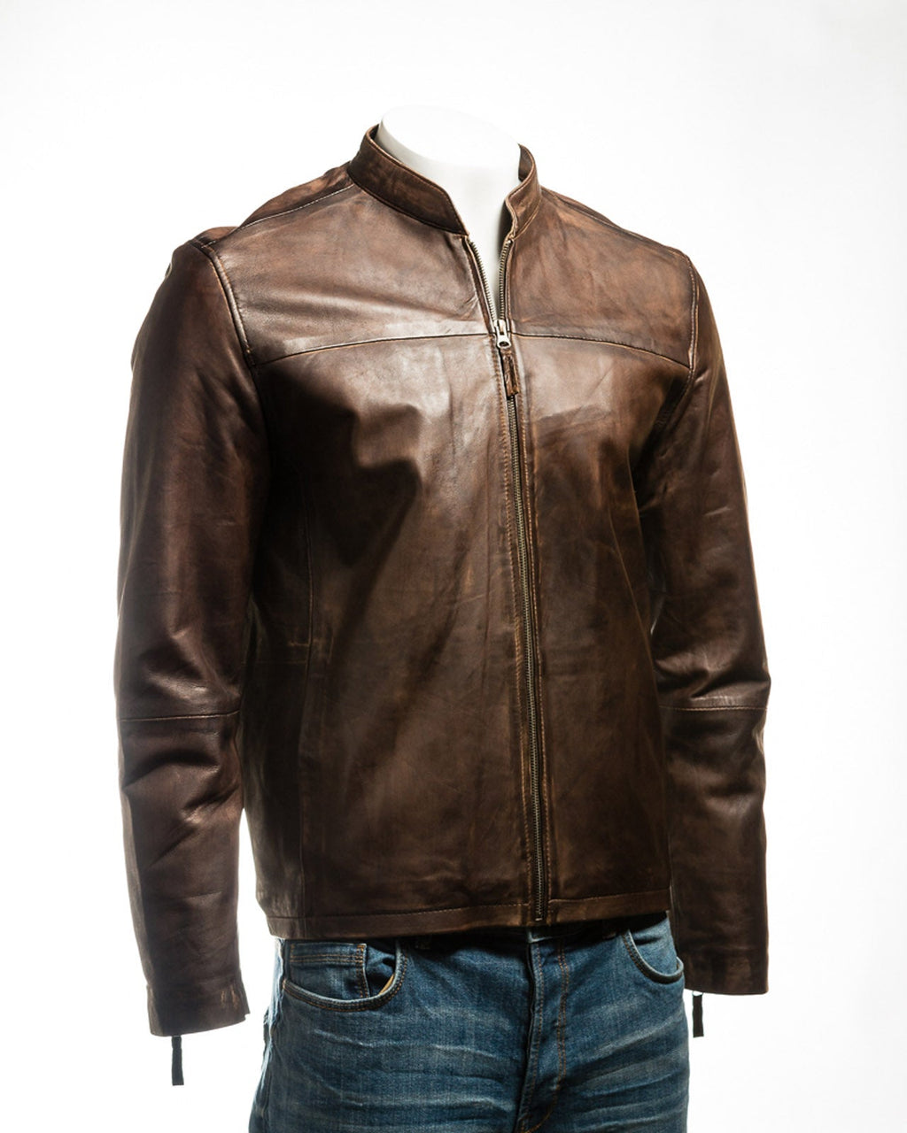 Men's Antique Brown Simple Collarless Zipped Leather Jacket: Mario
