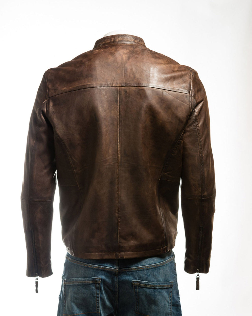 Men's Antique Brown Simple Collarless Zipped Leather Jacket: Mario