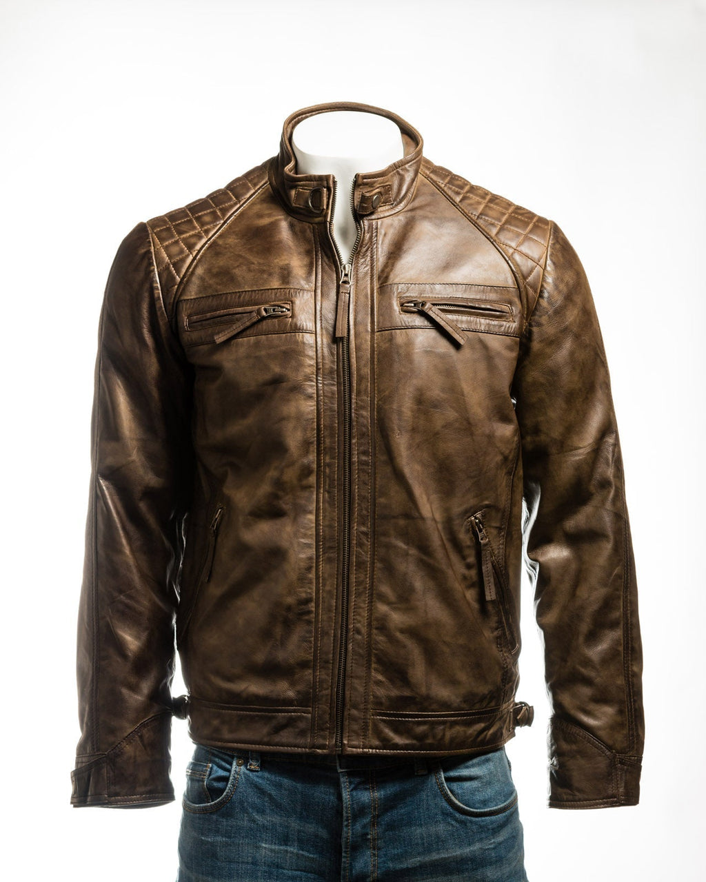 Men's Antique Brown Diamond Shoulder Biker Style Leather Jacket: Geronimo