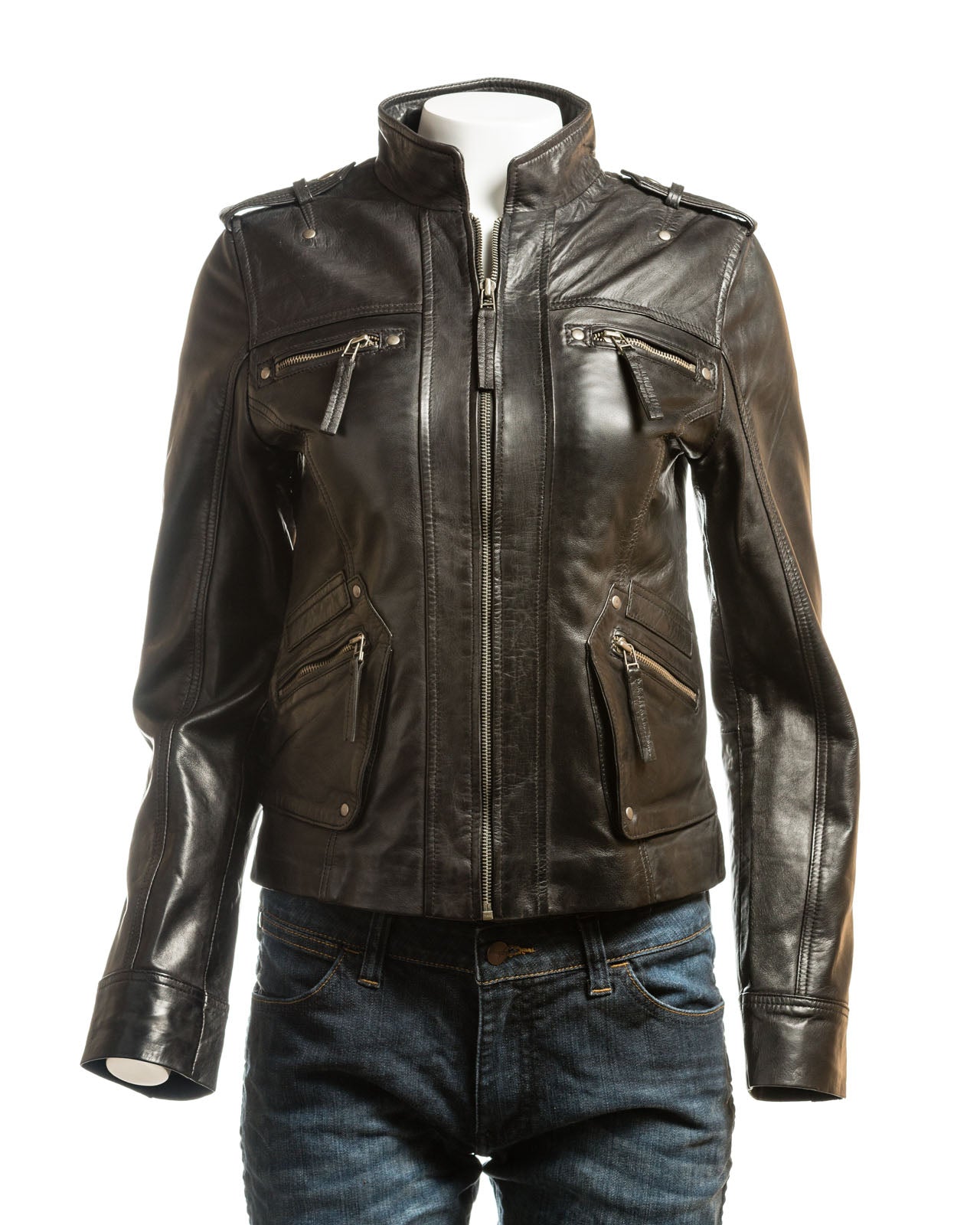 Ladies Yellow Tab Collar Biker Style Leather Jacket: Anastasia