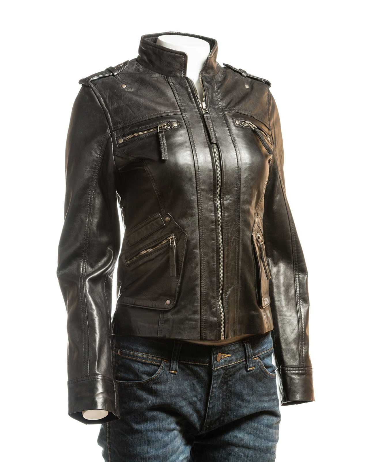 Ladies Yellow Tab Collar Biker Style Leather Jacket: Anastasia