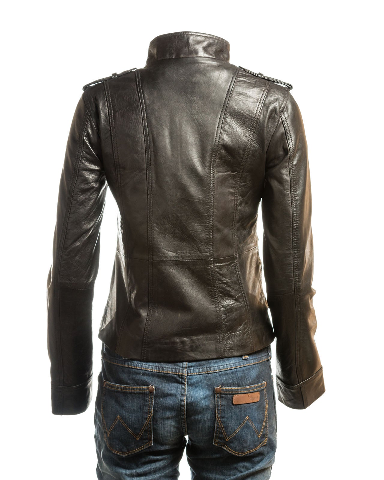 Ladies Yellow Tab Collar Biker Style Leather Jacket: Anastasia
