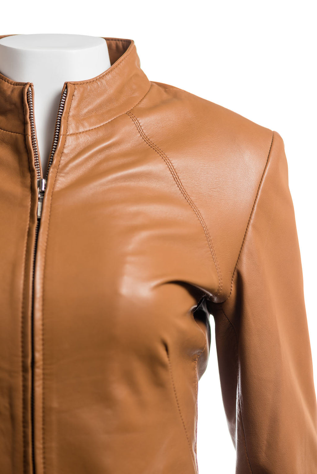 Ladies Tan Plain Short Zipped Leather Jacket: Angelina