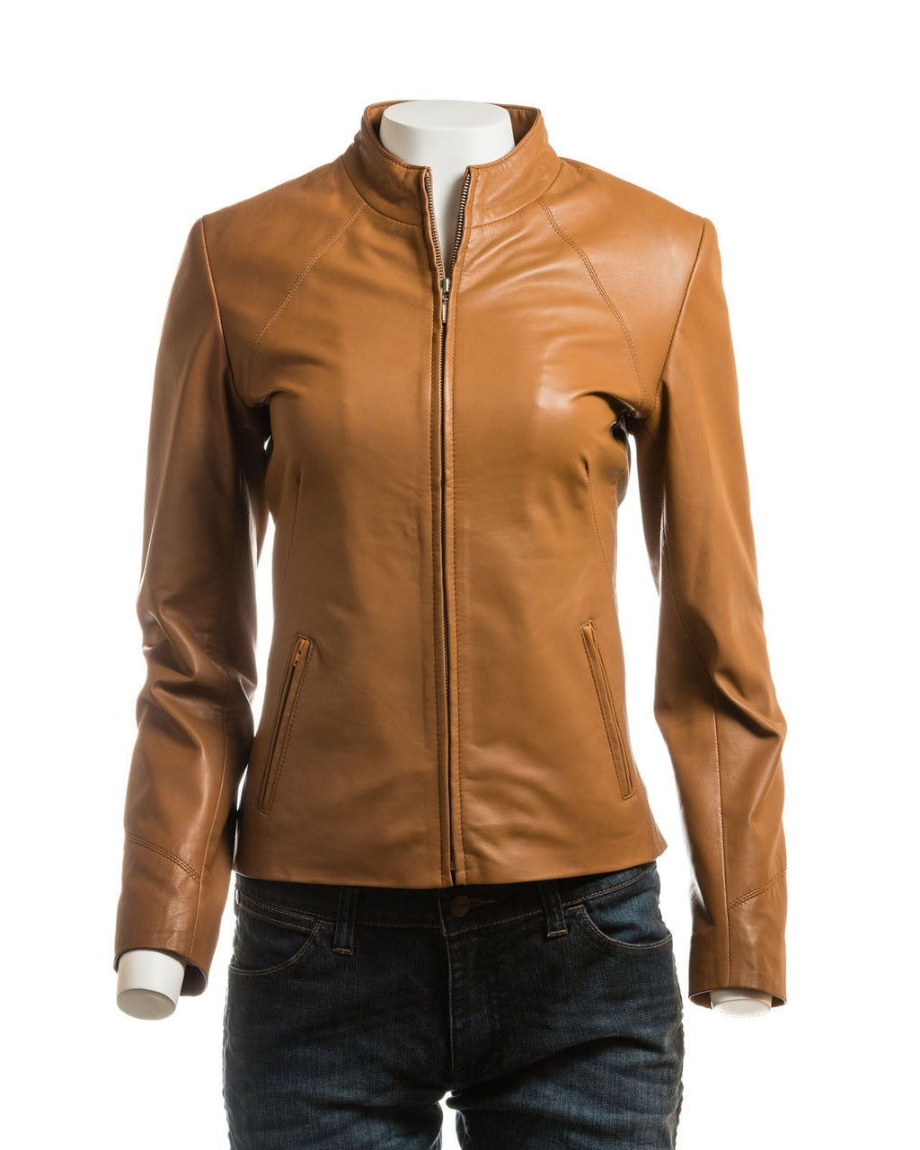 Ladies Stone Plain Short Zipped Leather Jacket: Angelina