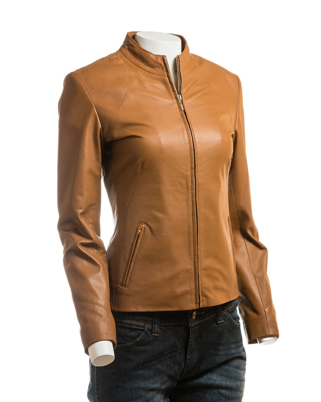 Ladies Stone Plain Short Zipped Leather Jacket: Angelina