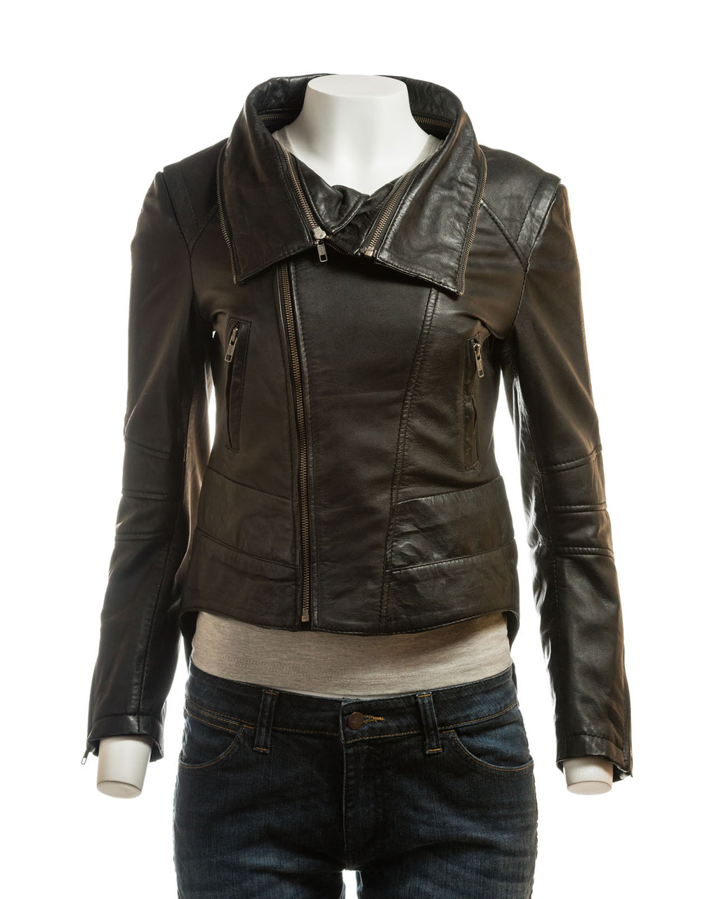 Ladies Dual Collar Biker Style Leather Jacket: Clarissa