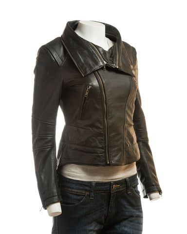 Ladies Dual Collar Biker Style Leather Jacket: Clarissa