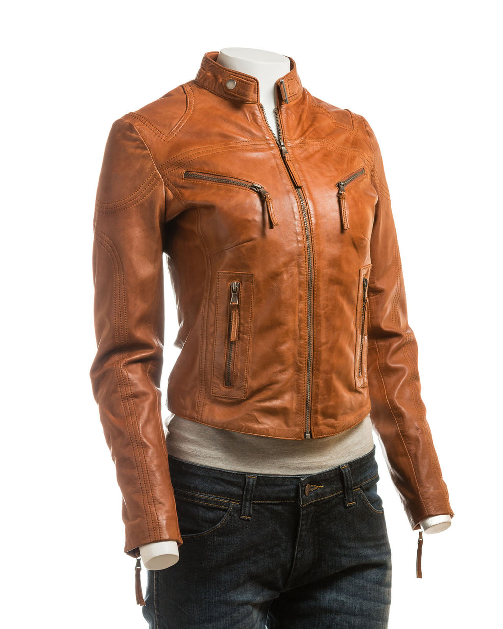 Ladies Antique Tan Slim Fit Biker Style Leather Jacket: Ella