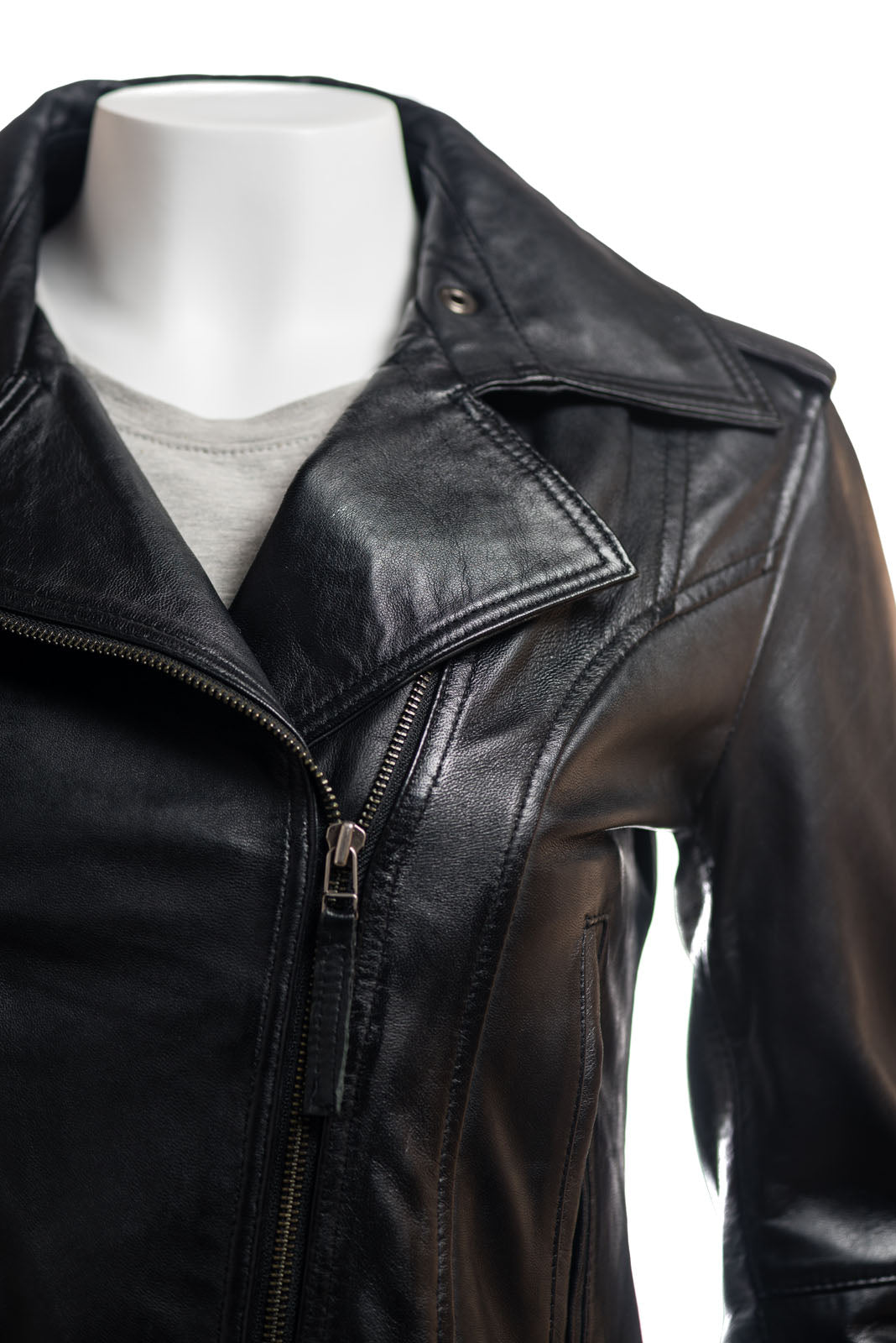 Ladies Black Simple Asymmetric Biker Style Leather Jacket: Augusta